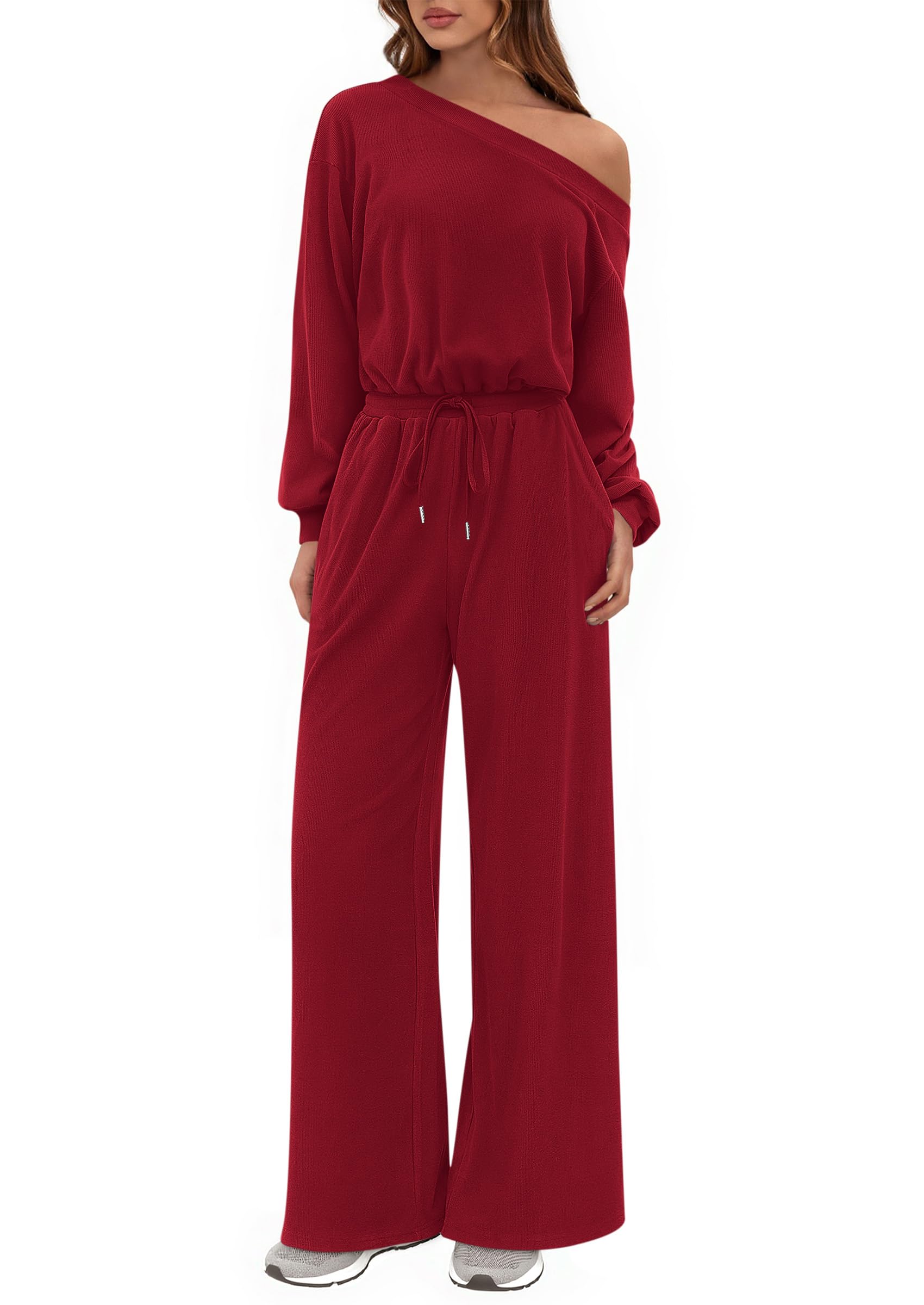 PRETTYGARDEN Long Sleeve Jumpsuit For Women Dressy Off Shoulder One Piece Loose Wide Leg Jumpsuits Casual Flowy Romper