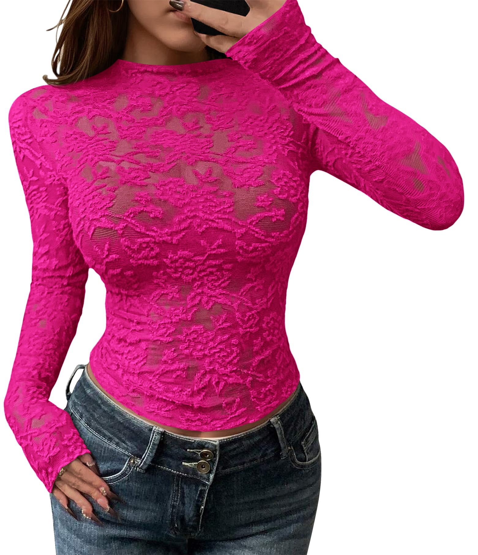 BTFBM Mesh Long Sleeve Tops for Women Lace Sheer Tight See Through Crew Neck Spring Fall Party Club Outfits