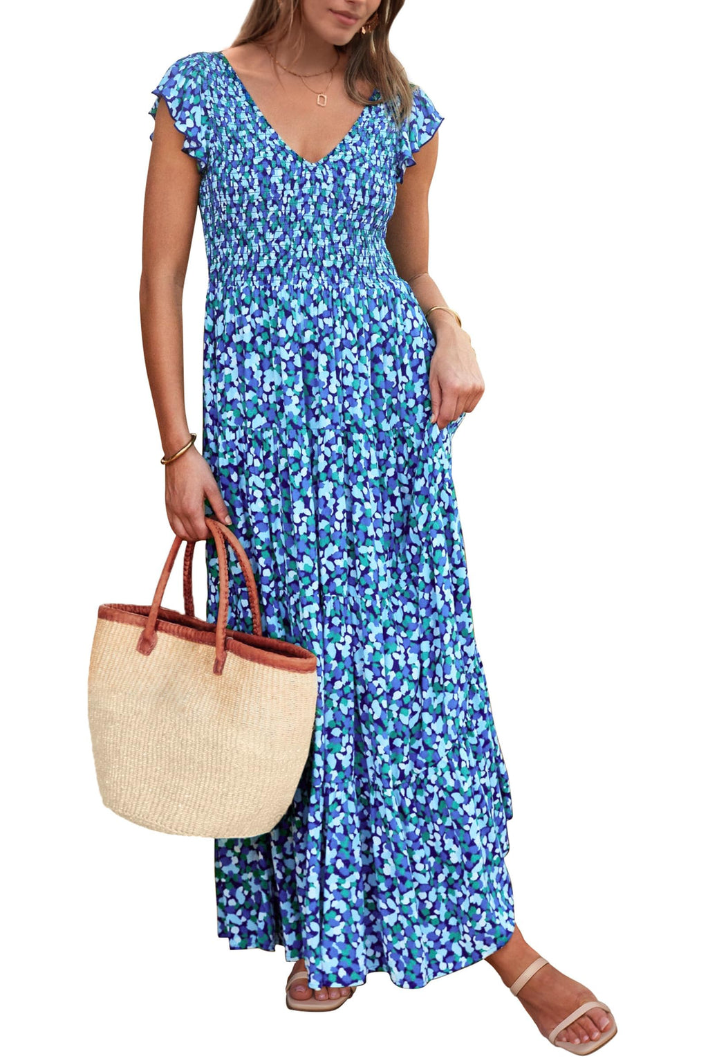 Visit the PRETTYGARDEN Store PRETTYGARDEN Women's Summer Floral Midi Dress Cap Sleeve V Neck Ruffle Long Flowy Boho Casual Beach Vacation Dresses