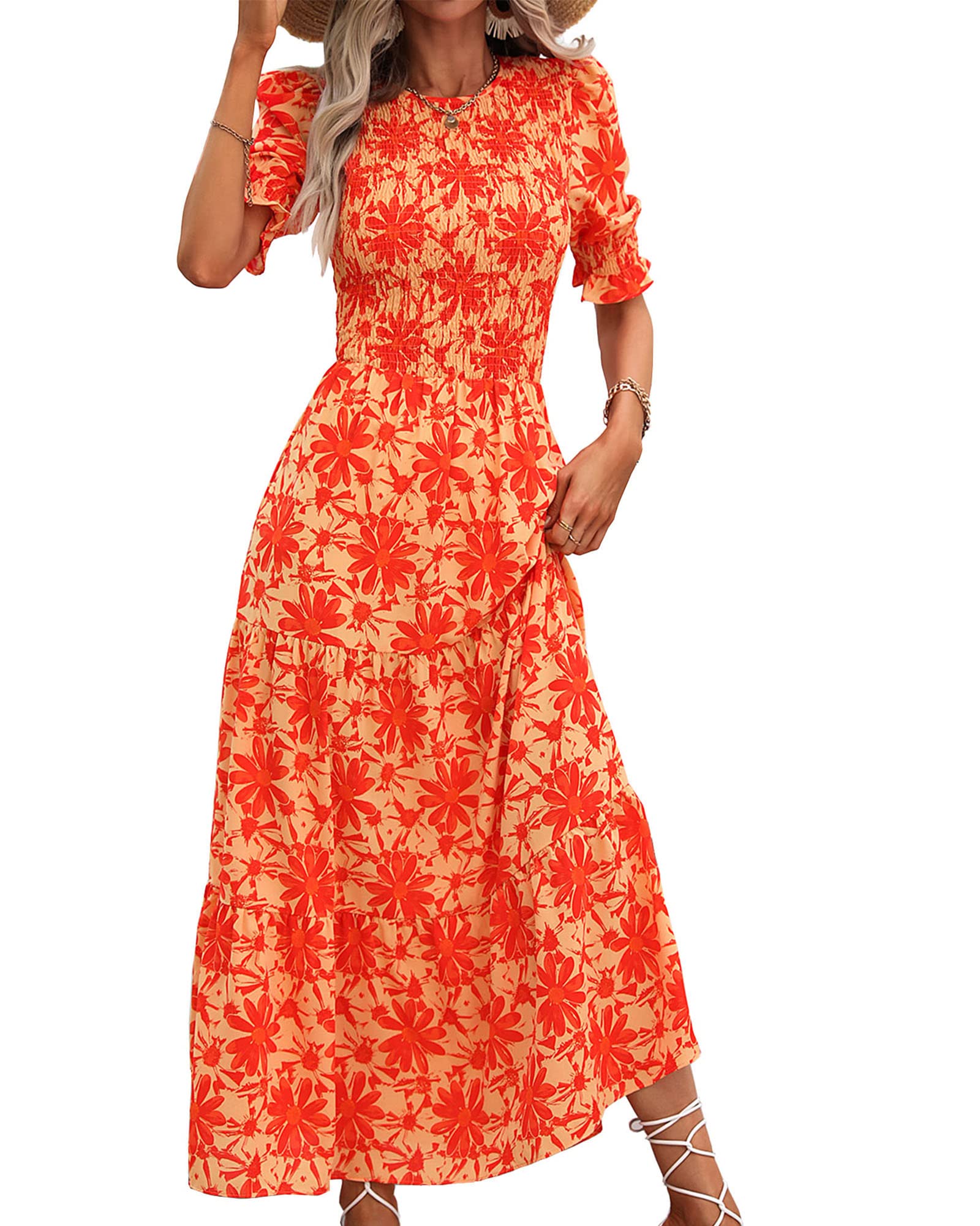FreshPretty Women Casual Summer Dresses Spring Crew Neck Ruffle Short Sleeve Floral Print Smocked Boho Flowy Maxi Dress