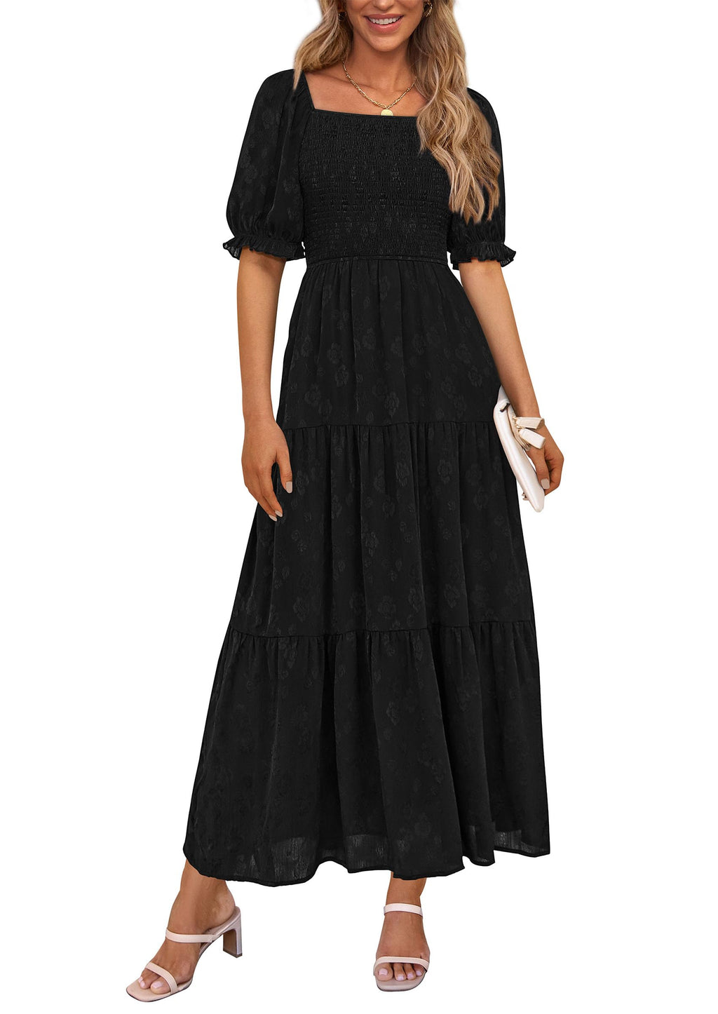 PRETTYGARDEN Women's Summer Casual Midi Dresses Square Neck Short Sleeve Smocked A Line Floral Flowy Elegant Boho Dress