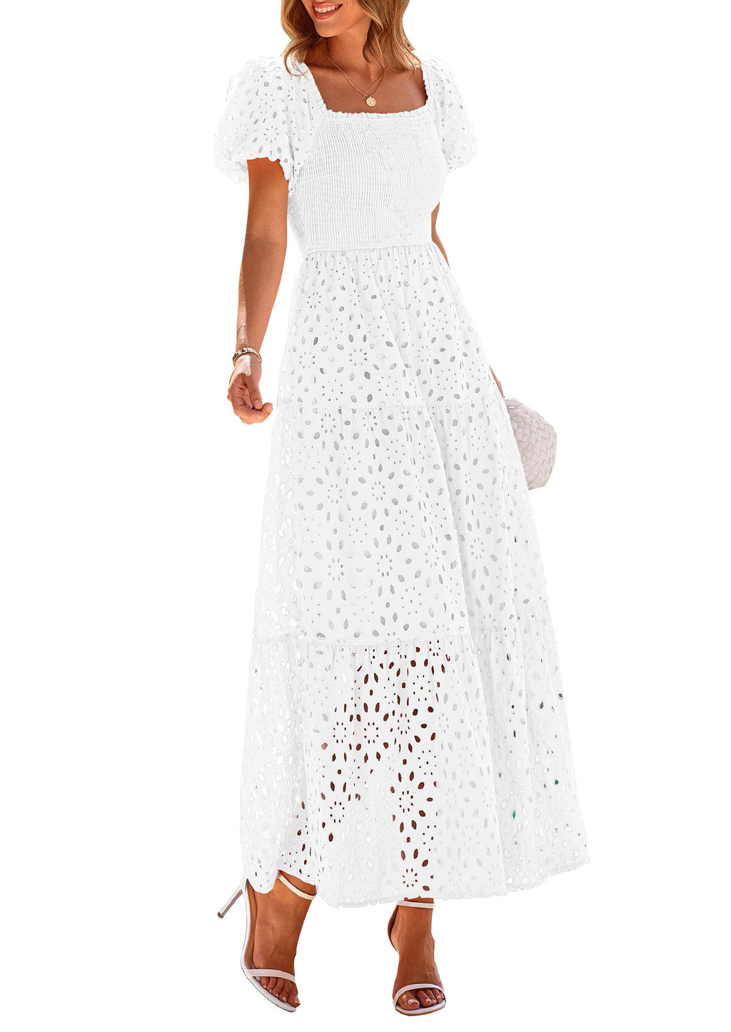 PRETTYGARDEN Summer Dresses for Women Eyelet Square Neck Puff Sleeve Smocked Wedding Guest Maxi Dress with Pockets