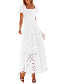 PRETTYGARDEN Summer Dresses for Women Eyelet Square Neck Puff Sleeve Smocked Wedding Guest Maxi Dress with Pockets