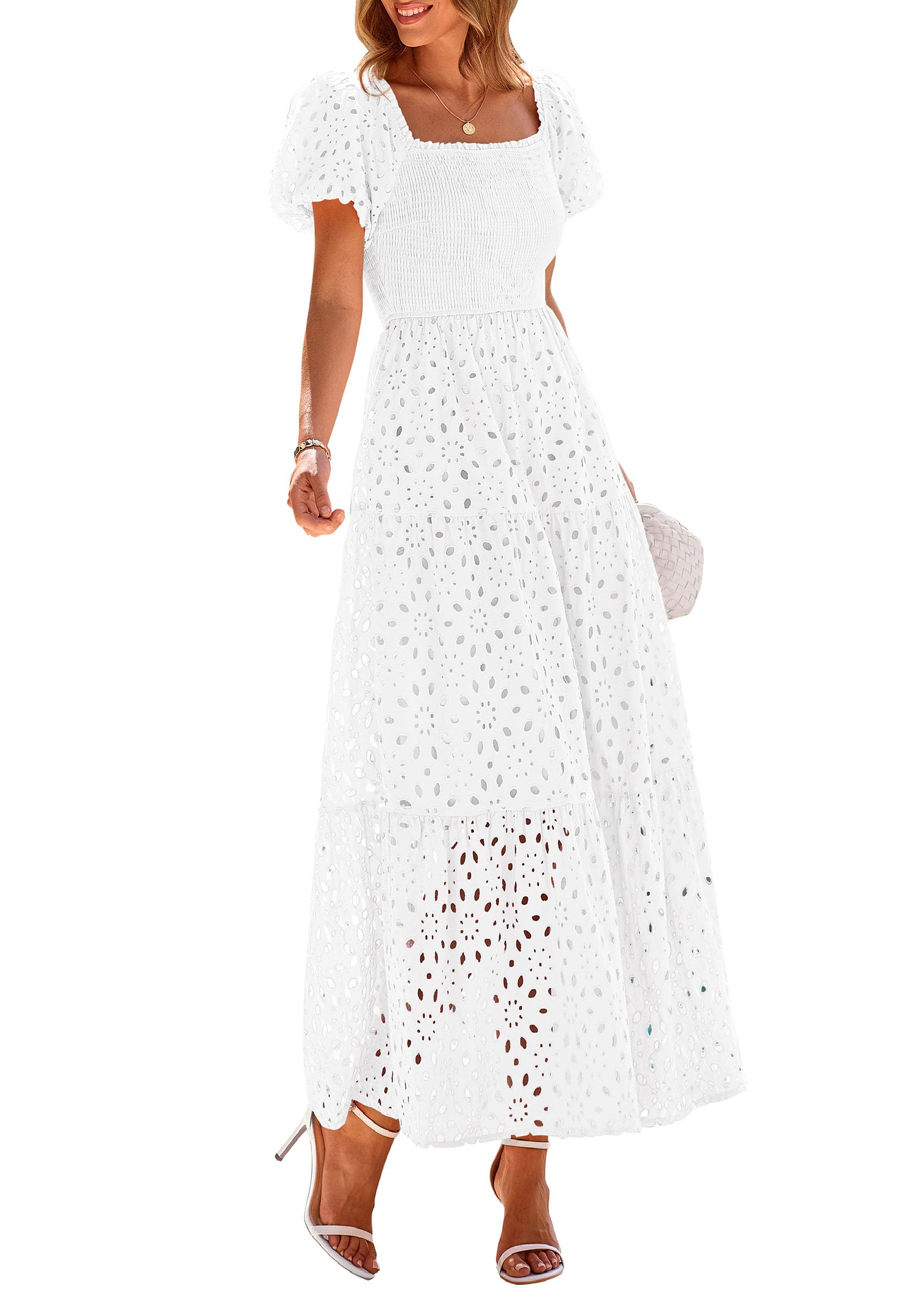PRETTYGARDEN Summer Dresses for Women Eyelet Square Neck Puff Sleeve Smocked Wedding Guest Maxi Dress with Pockets