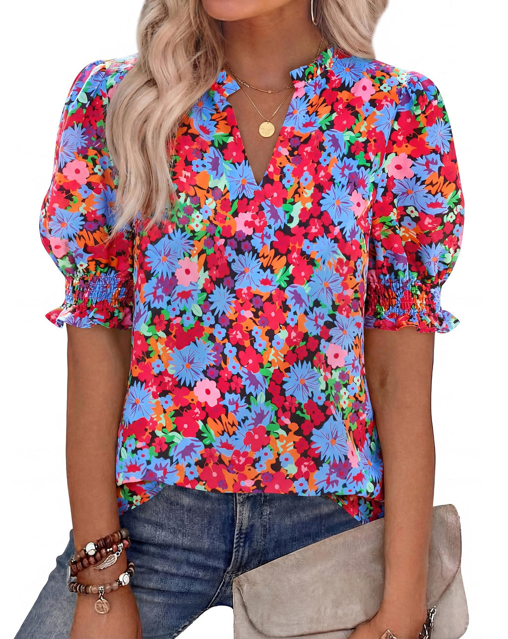 BTFBM Summer Blouses for Women Dressy Casual Fashion Spring Tops Floral Boho V Neck Puff Short Sleeve Top Shirts