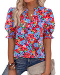 BTFBM Summer Blouses for Women Dressy Casual Fashion Spring Tops Floral Boho V Neck Puff Short Sleeve Top Shirts