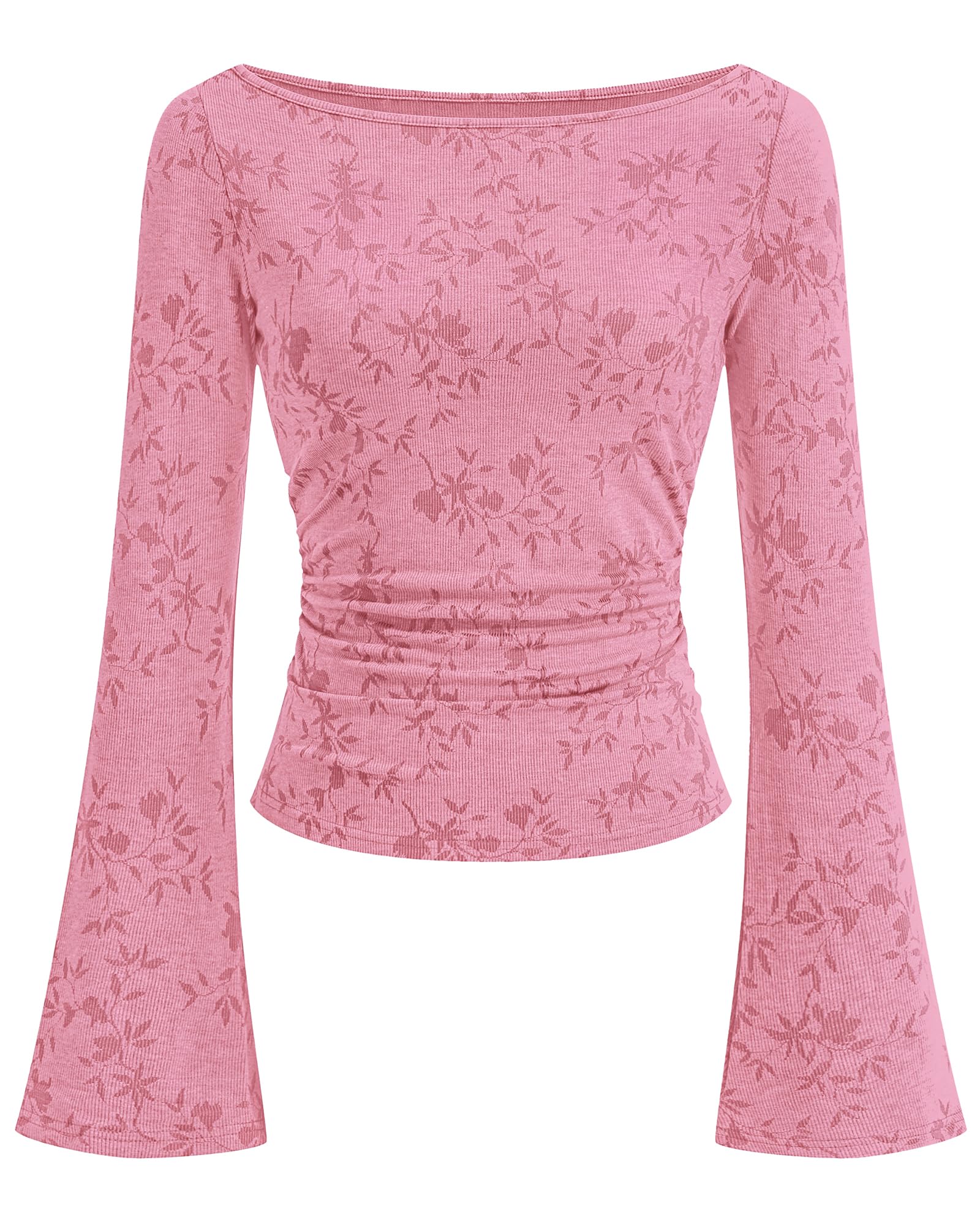 BTFBM Womens Bell Long Sleeve Boat Neck Floral Ribbed Knit Tops Stretchy Crop Tops for Women Trendy, Casual Y2K Going Out Top,Ruched Slim Fit Cute T Shirt,Fall Outfits,Fashion Clothing