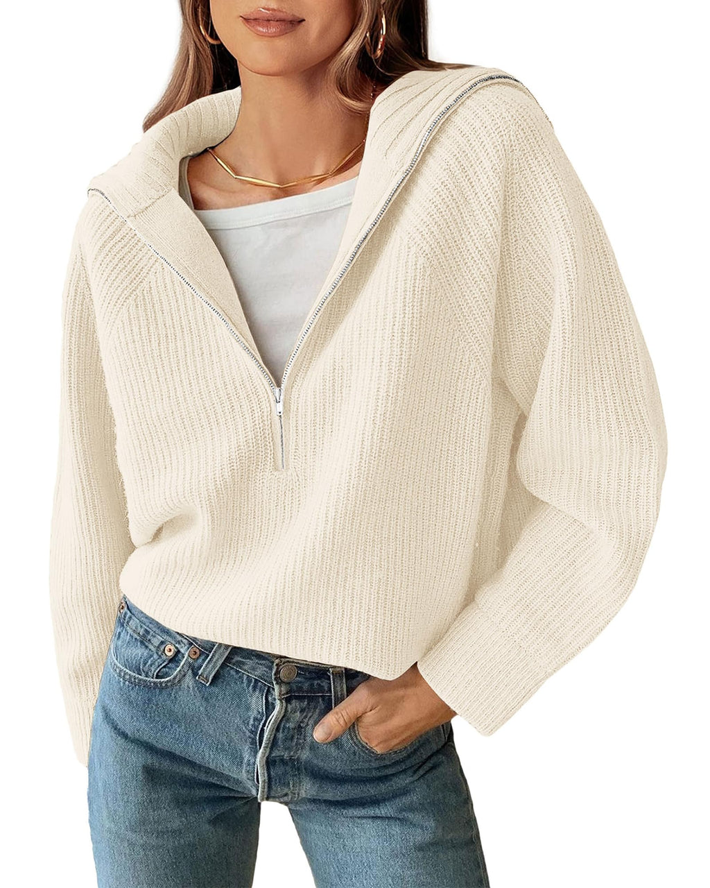 FreshPretty Womens Sweaters Quarter Zip Pullover V Neck Collar Long Sleeve Ribbed Knit Loose Casual Winter Fall Sweater
