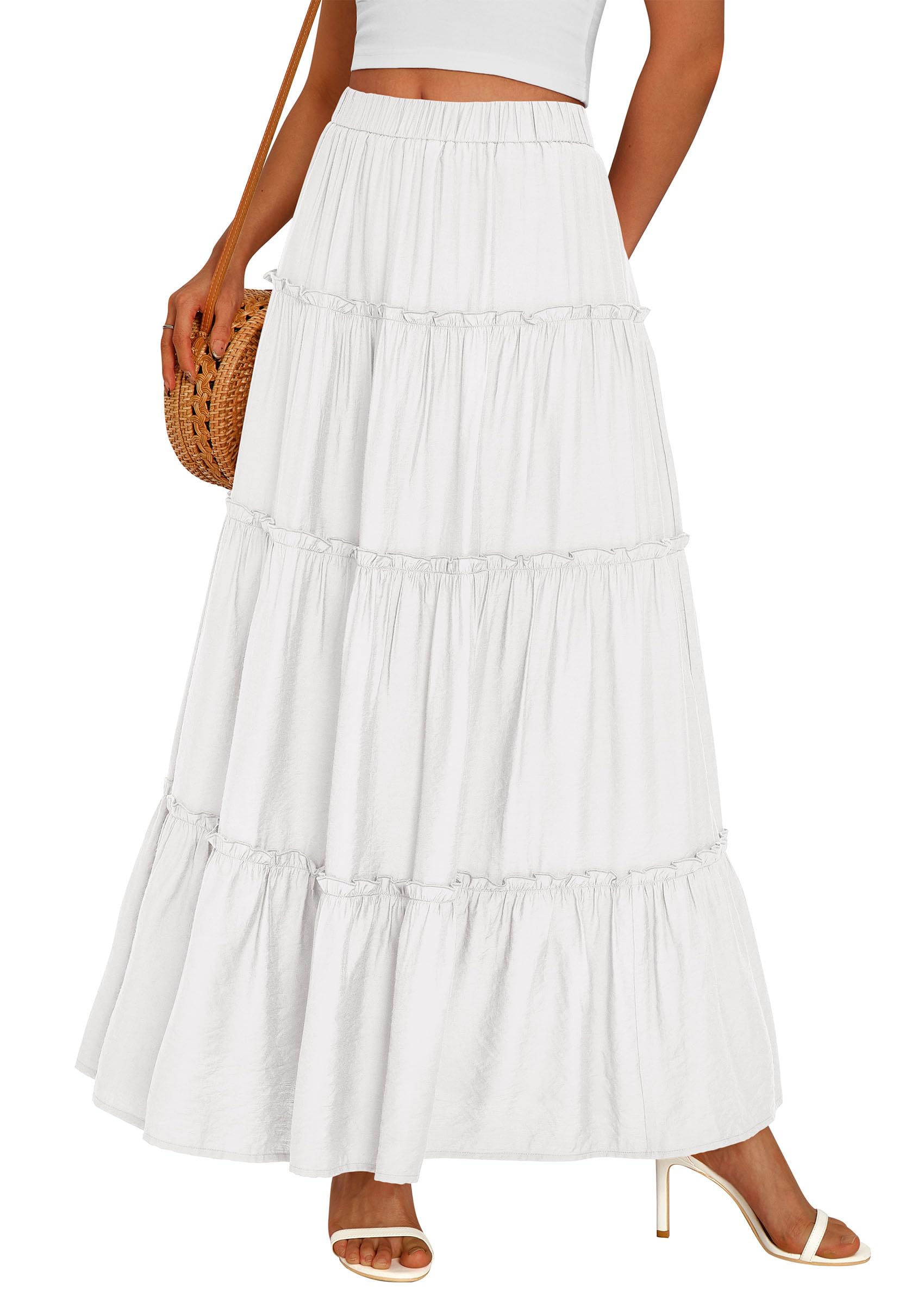 PRETTYGARDEN Women's Tiered Maxi Skirt Summer Spring Fashion High Waisted Long Flowy Casual Boho Beach Vacation Clothes