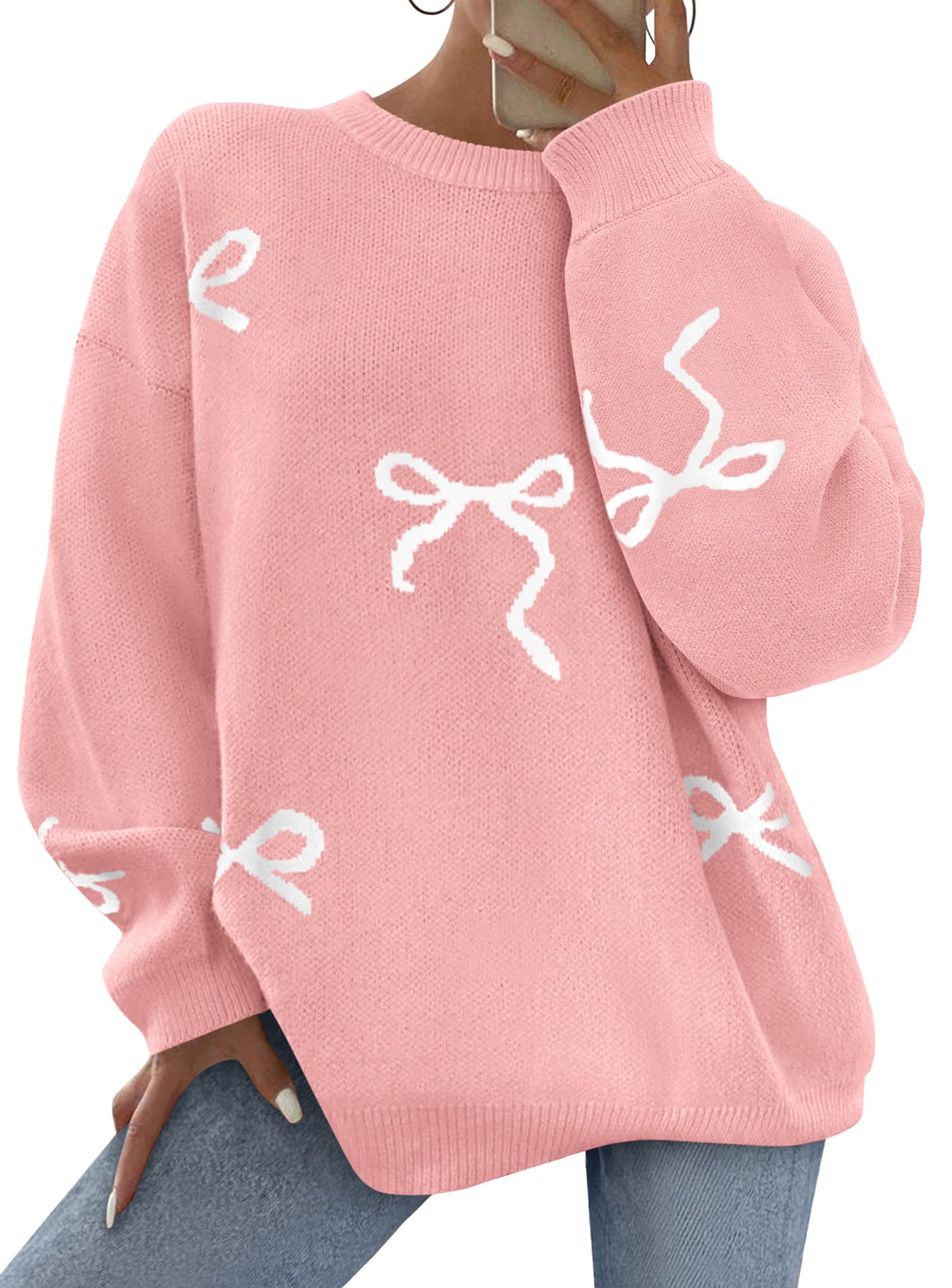 PRETTYGARDEN Fall Long Sleeve Pullover Sweaters for Women Trendy Crewneck Casual Cute Bow Chunky Knit Oversized Sweater