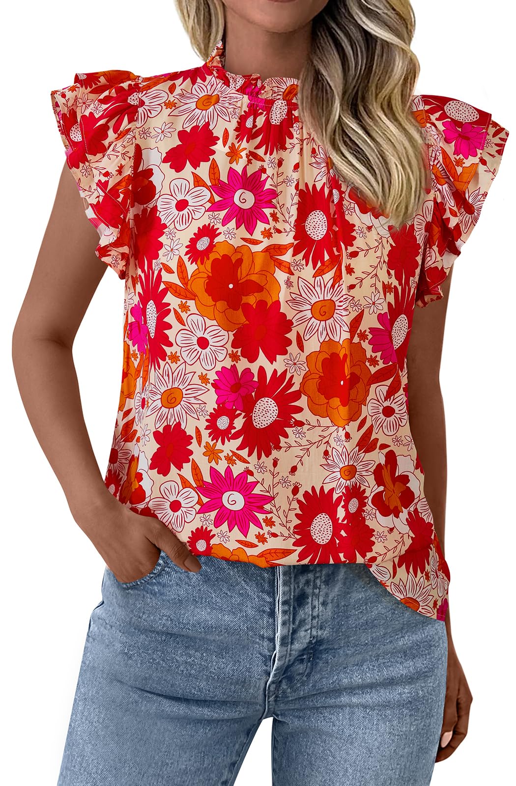 PRETTYGARDEN Women's Ruffle Short Sleeve Summer Tops Trendy Floral Trim Neck Casual Dressy Chiffon Boho Blouses Shirts