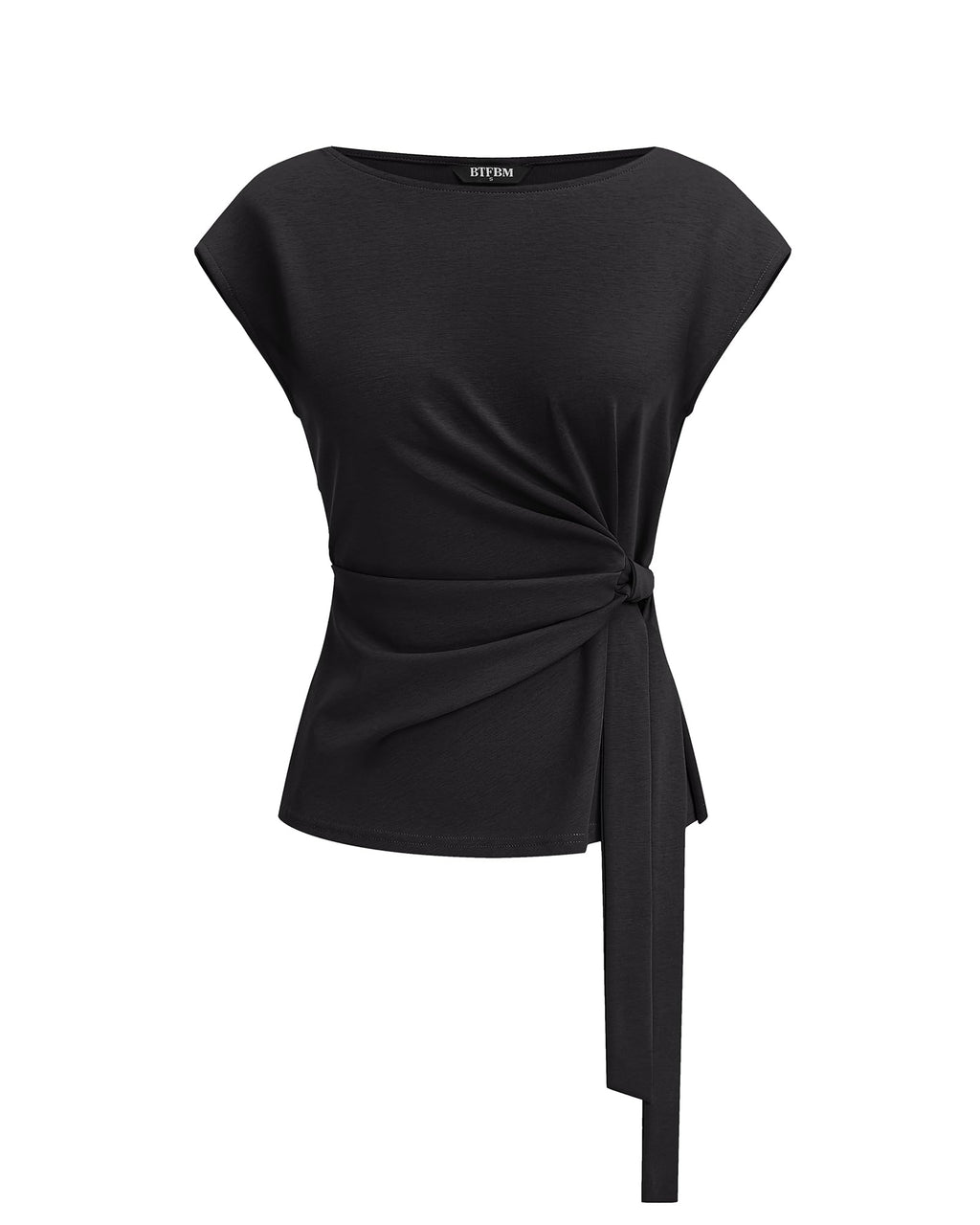 BTFBM Womens Tops Summer Cap Sleeve Crew Neck Tie Waist Blouses Dressy Casual Business Work Clothes Spring Fashion