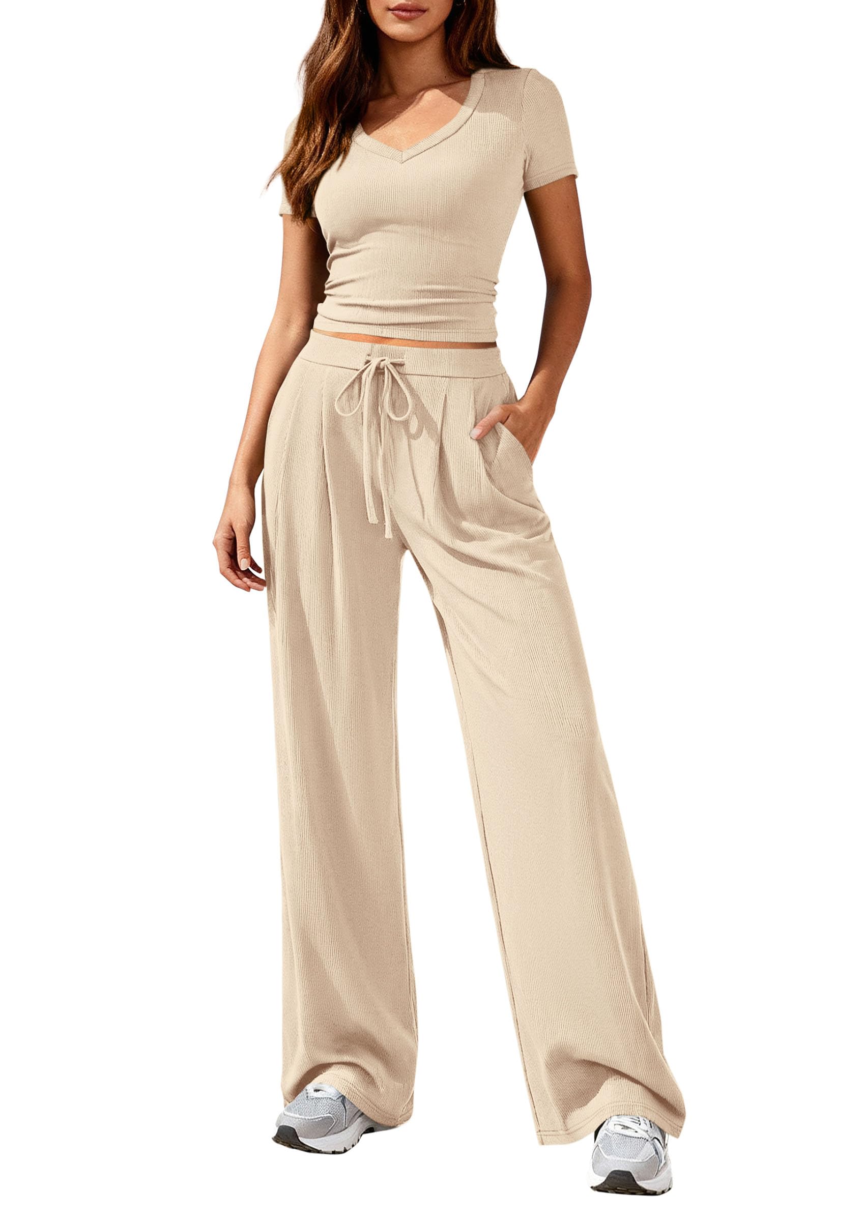 PRETTYGARDEN 2 Piece Sets for Women Summer Spring Lounge Set Matching V Neck Tops Wide Leg Pants Airport Travel Outfits