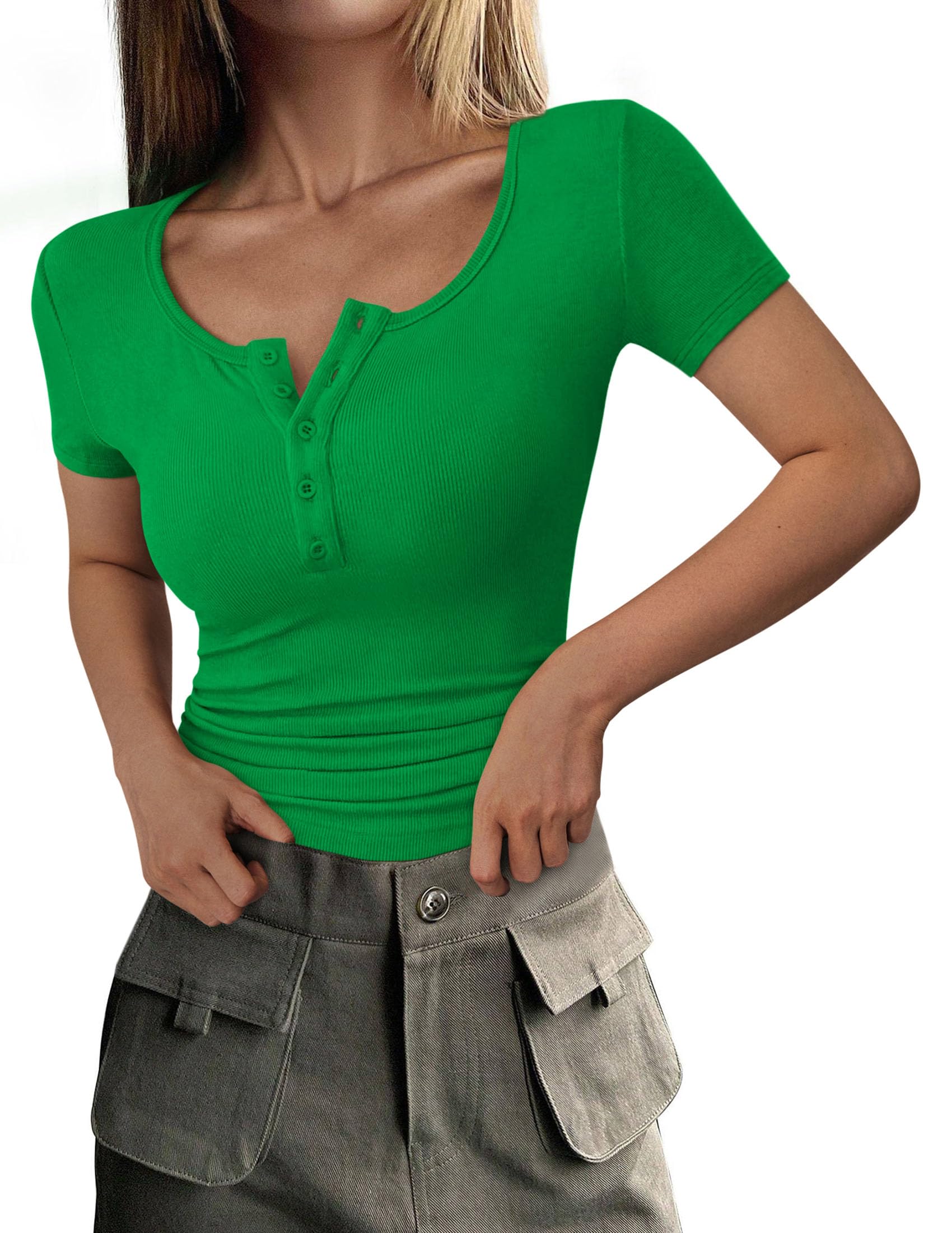 PRETTYGARDEN Women's  Fall Summer Short Sleeve Tops Ribbed Henley Button Slim Fit Basic Casual T Shirts Blouse Clothing