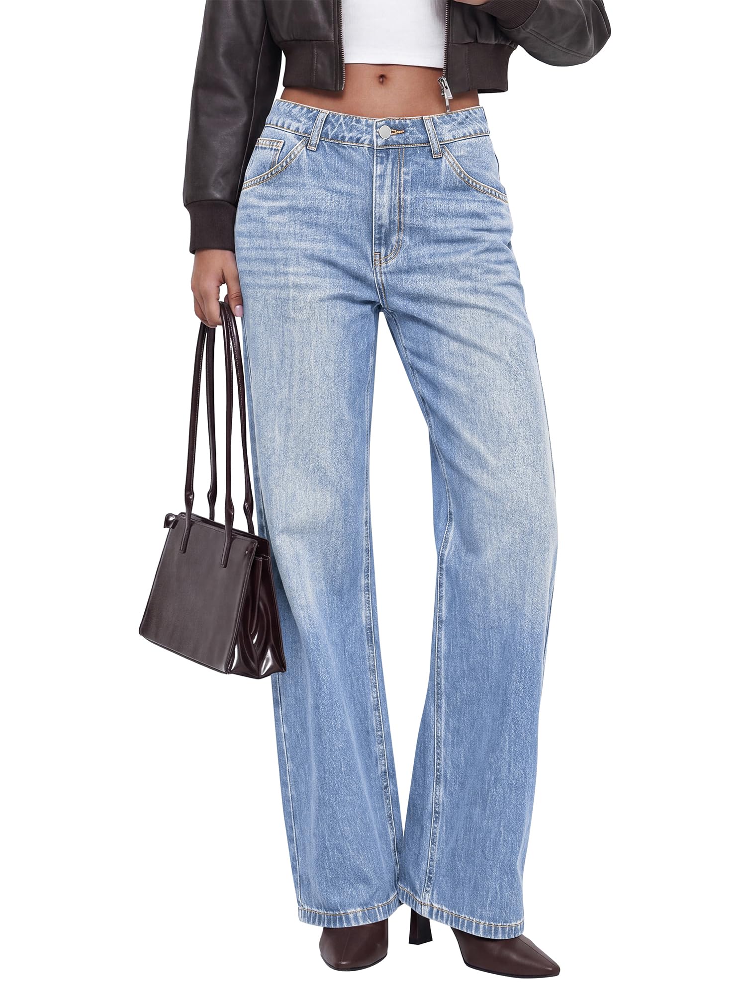 BTFBM Women Casual Straight Leg Jeans Trendy High Waisted, Pockets, Long Denim Pants, Slacks, Bottoms, Vacation Outfits, Travel Airport, Fashion Clothes, Fall Winter