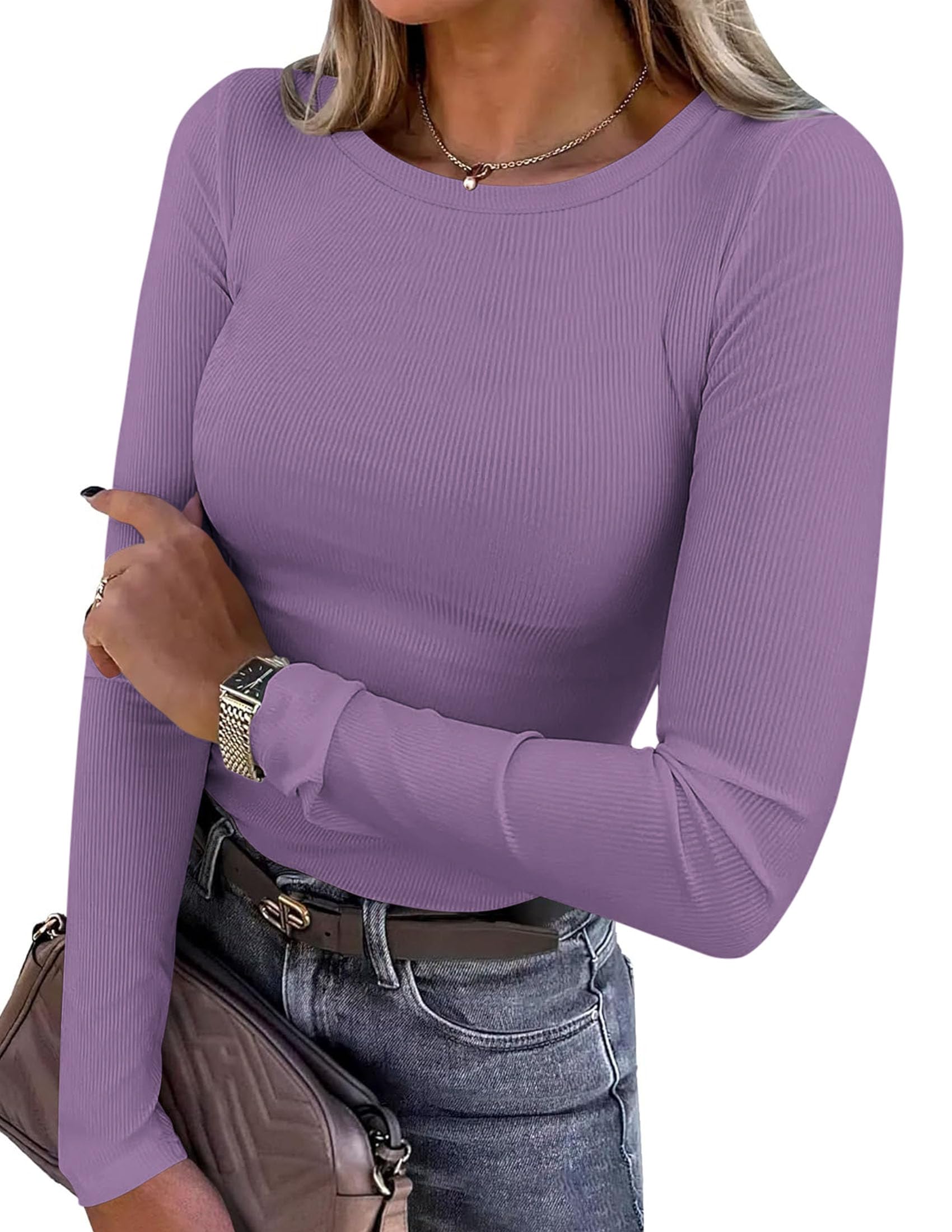 PRETTYGARDEN Women Fall Clothes Long Sleeve Shirts Ribbed Knit Fitted Basic Tee Going Out Tops Underscrub Casual Outfits