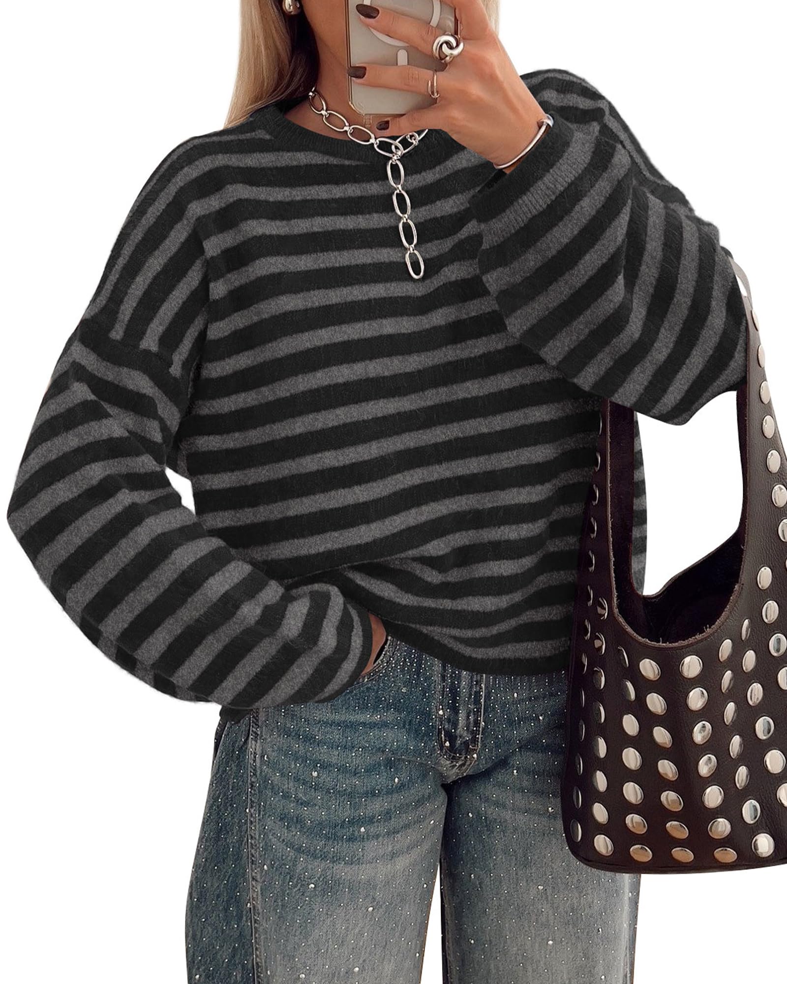 BTFBM Women's Lightweight Oversized Striped Sweater | Soft Knit Cozy Sweaters, Crew Neck Long Sleeve Pullover, y2k Color Block, Casual Holiday Outfits, Winter Fall Clothes