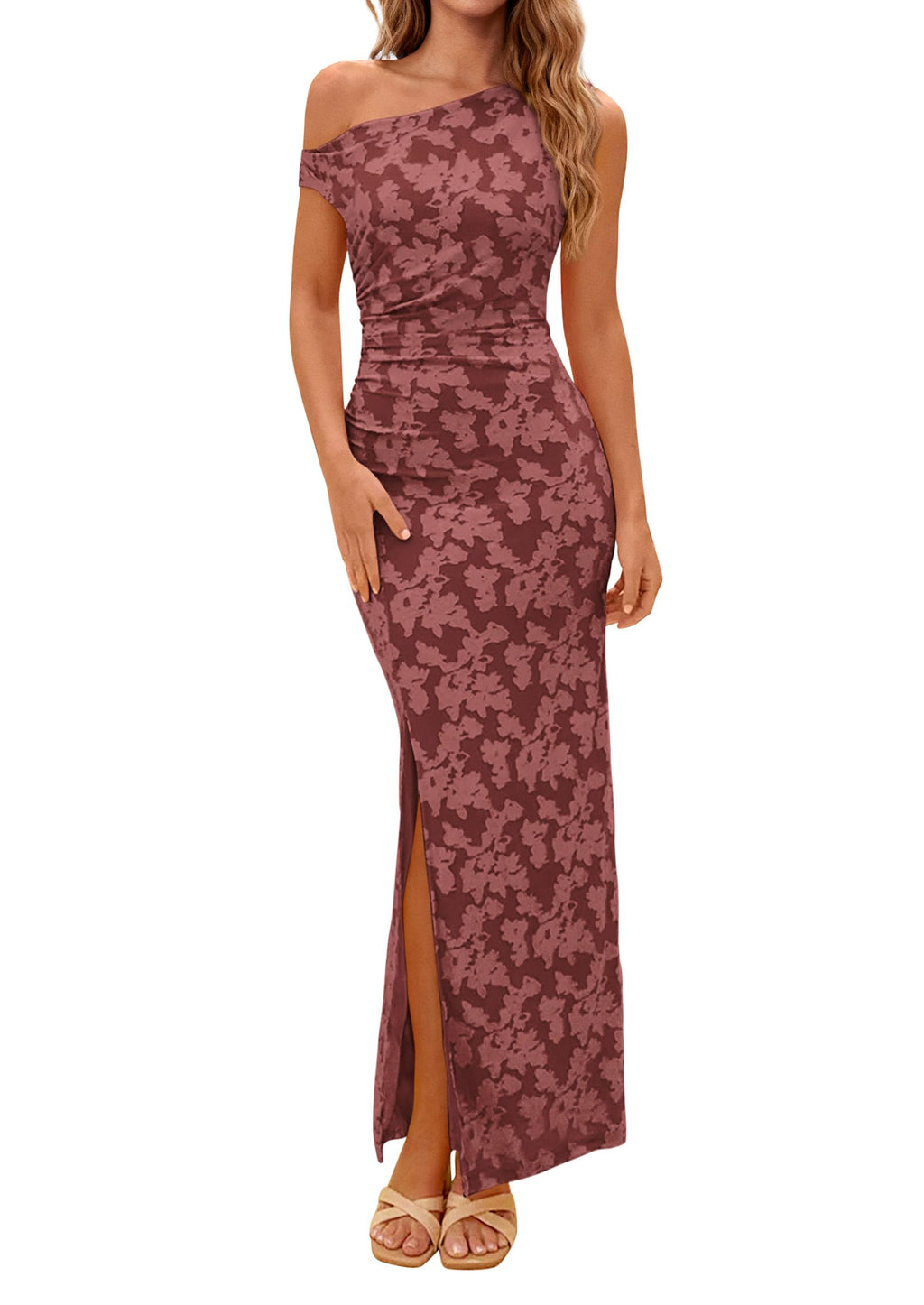 PRETTYGARDEN Womens Floral One Shoulder Maxi Dress Summer Spring Bodycon Ruched Side Slit Elegant Cocktail Party Dresses