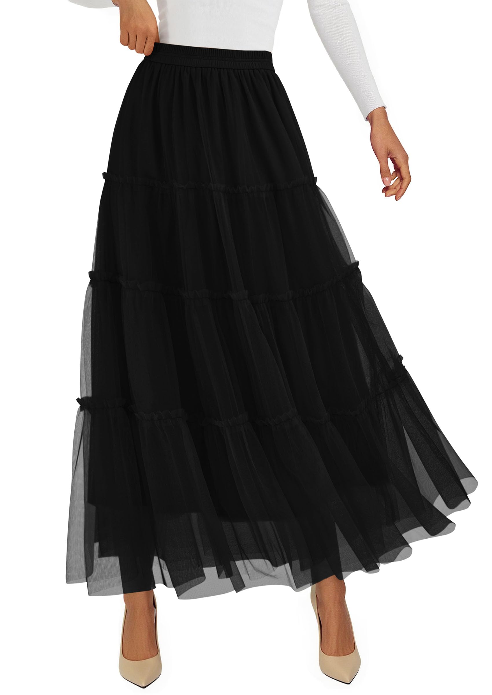 PRETTYGARDEN Tulle Skirts for Women Fall Fashion Elastic High Waisted Fairy Tiered Flowy A-Line Casual Maxi Long Skirt