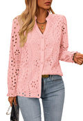 FreshPretty Women's Long Sleeve Shirts Button Down Dressy Casual Blouses V Neck Embroidery Hollow Out Tops Fall Winter Clothes