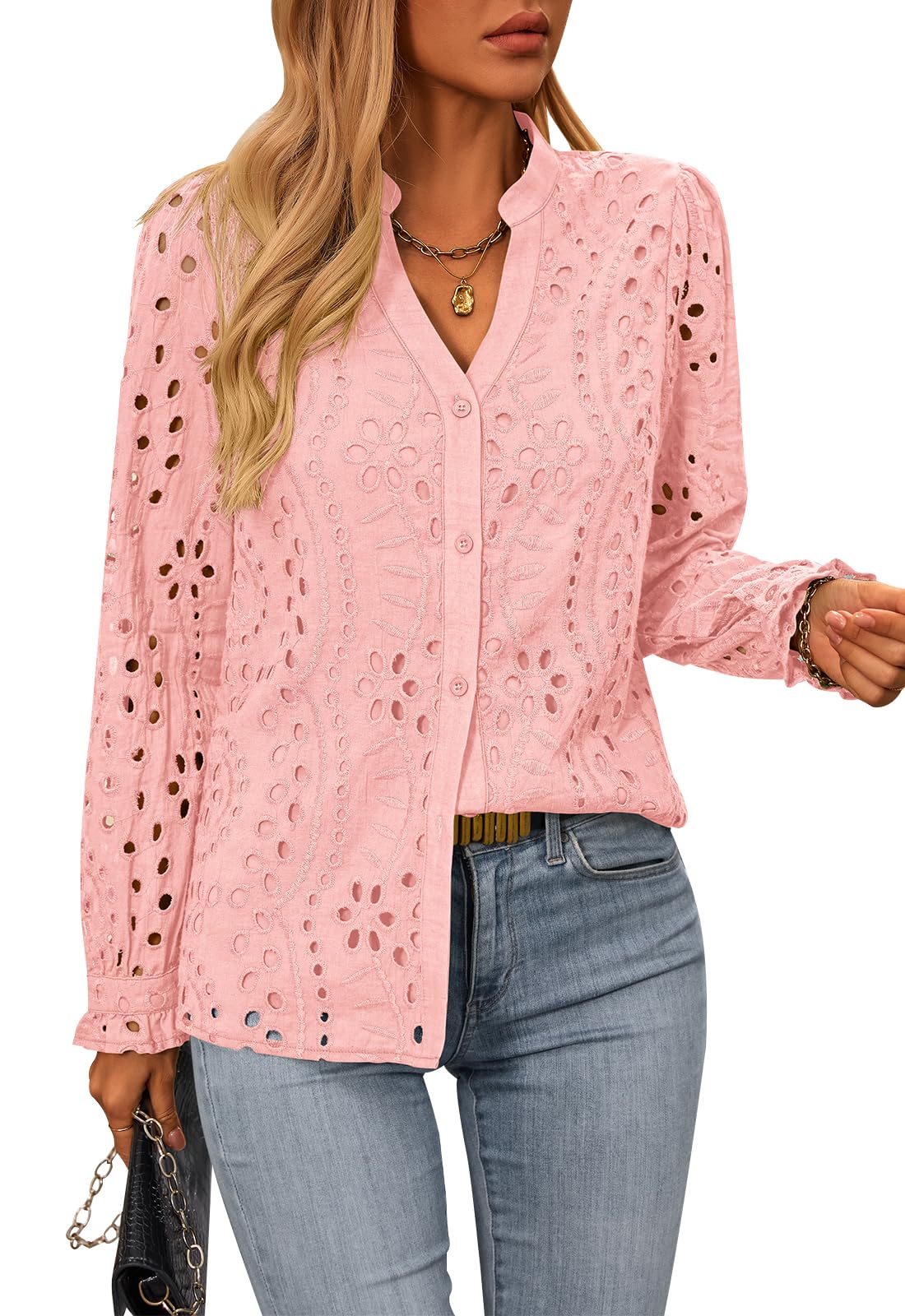FreshPretty Women's Long Sleeve Shirts Button Down Dressy Casual Blouses V Neck Embroidery Hollow Out Tops Fall Winter Clothes