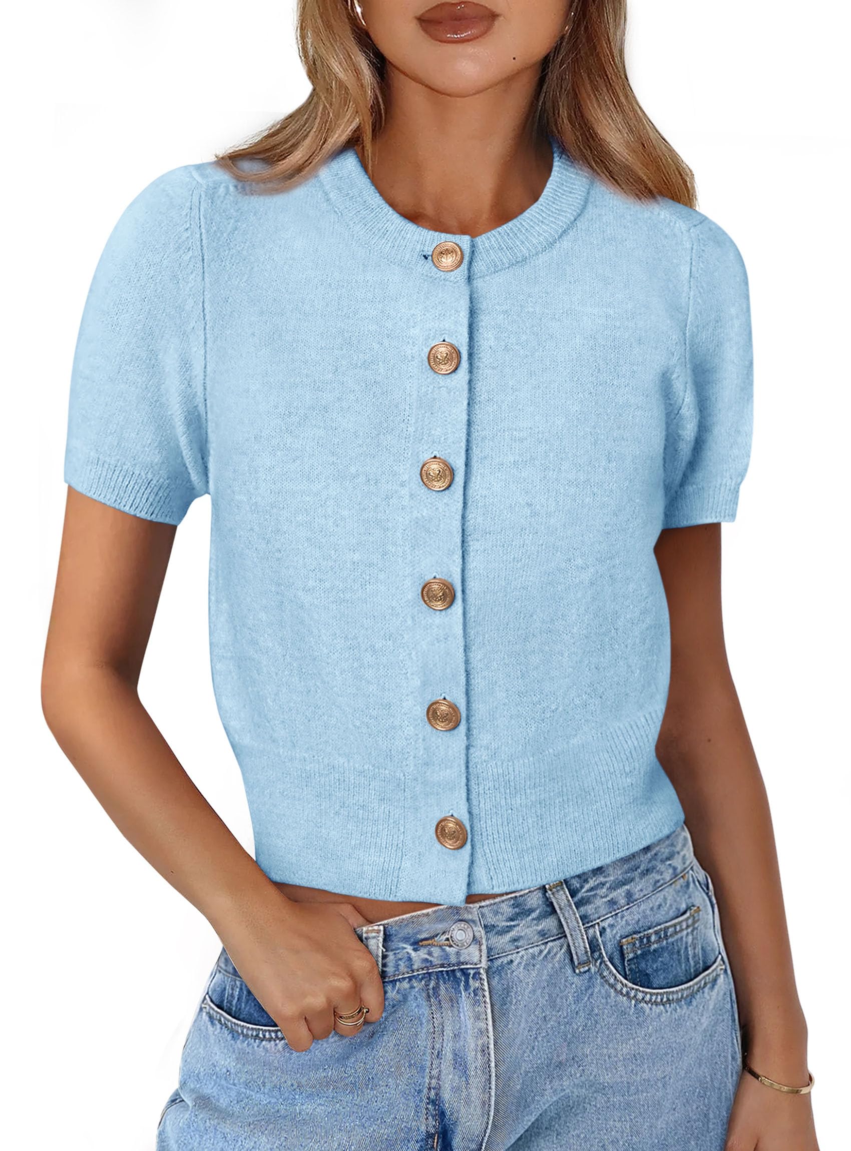 PRETTYGARDEN Womens Casual Summer Short Sleeve Cardigans Button Down Knitted Sweater Basic Crew Neck Crop Tops