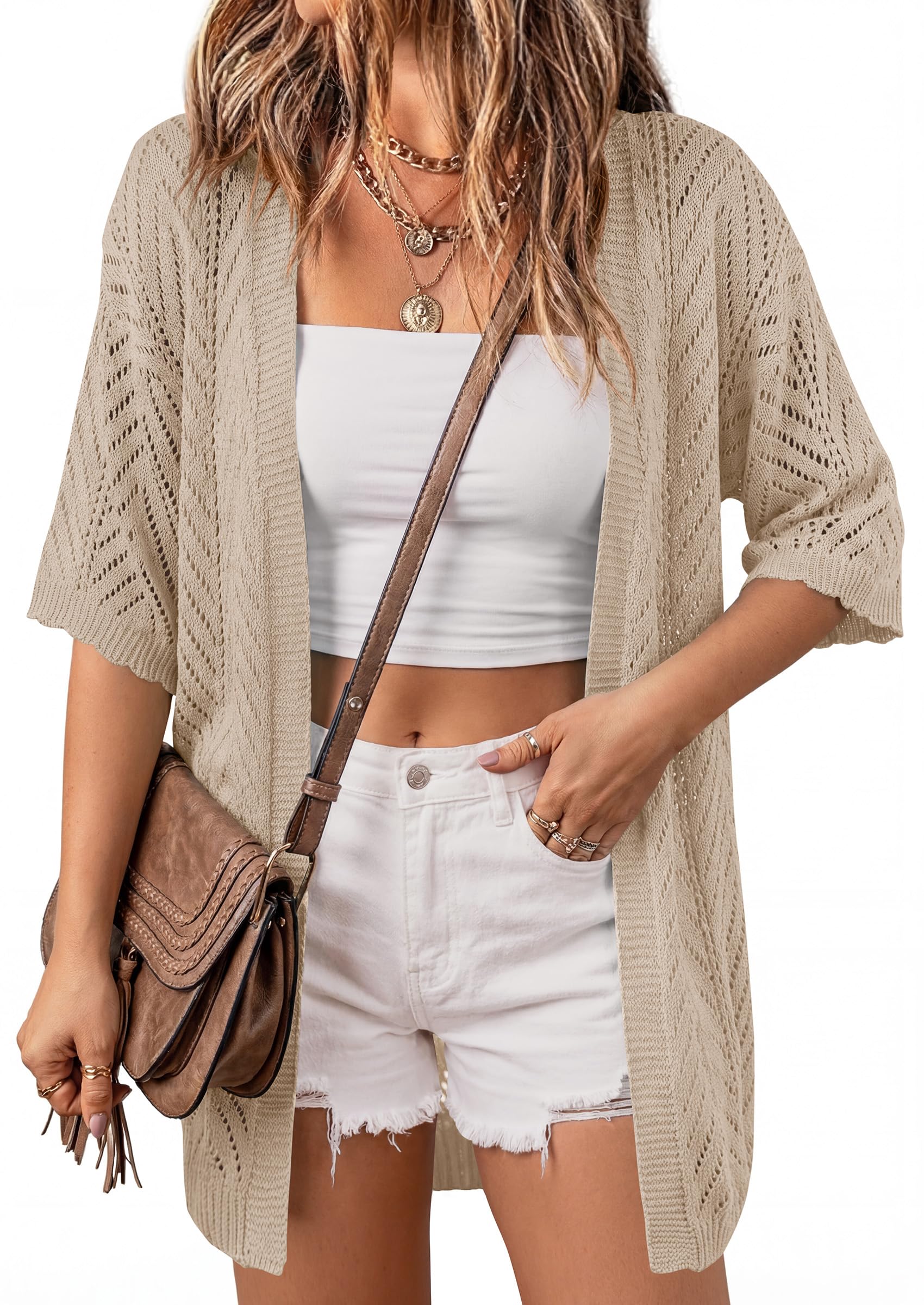 PRETTYGARDEN Women's Lightweight Summer Cardigans Short Sleeve Knit Crochet Coverups Spring Boho Beach Vacation Clothes