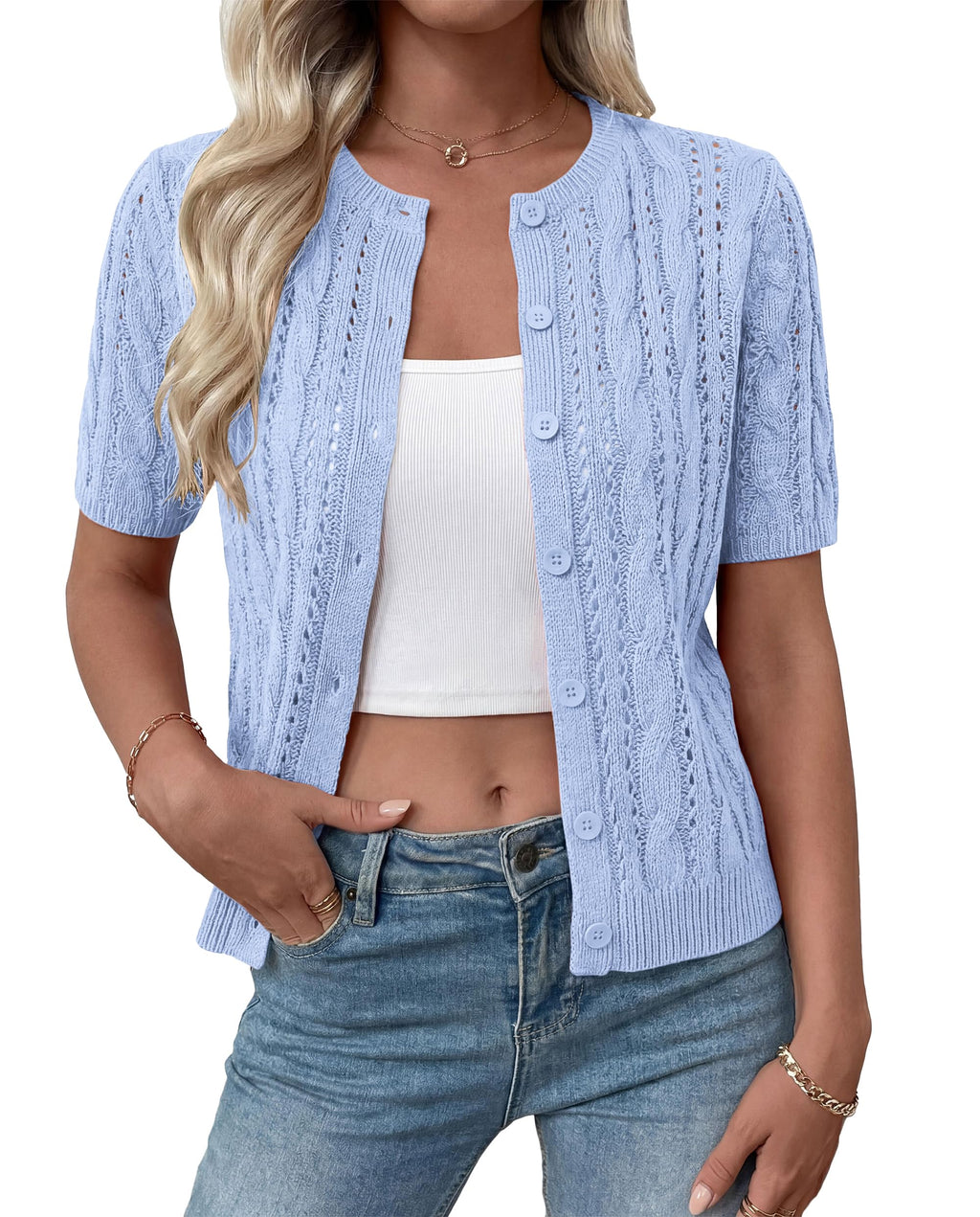 FreshPretty  Women Summer Cable Knit Crochet Cardigan Sweaters Casual Button Short Sleeve Sweater Cute Beach Hollow Out Knit Top