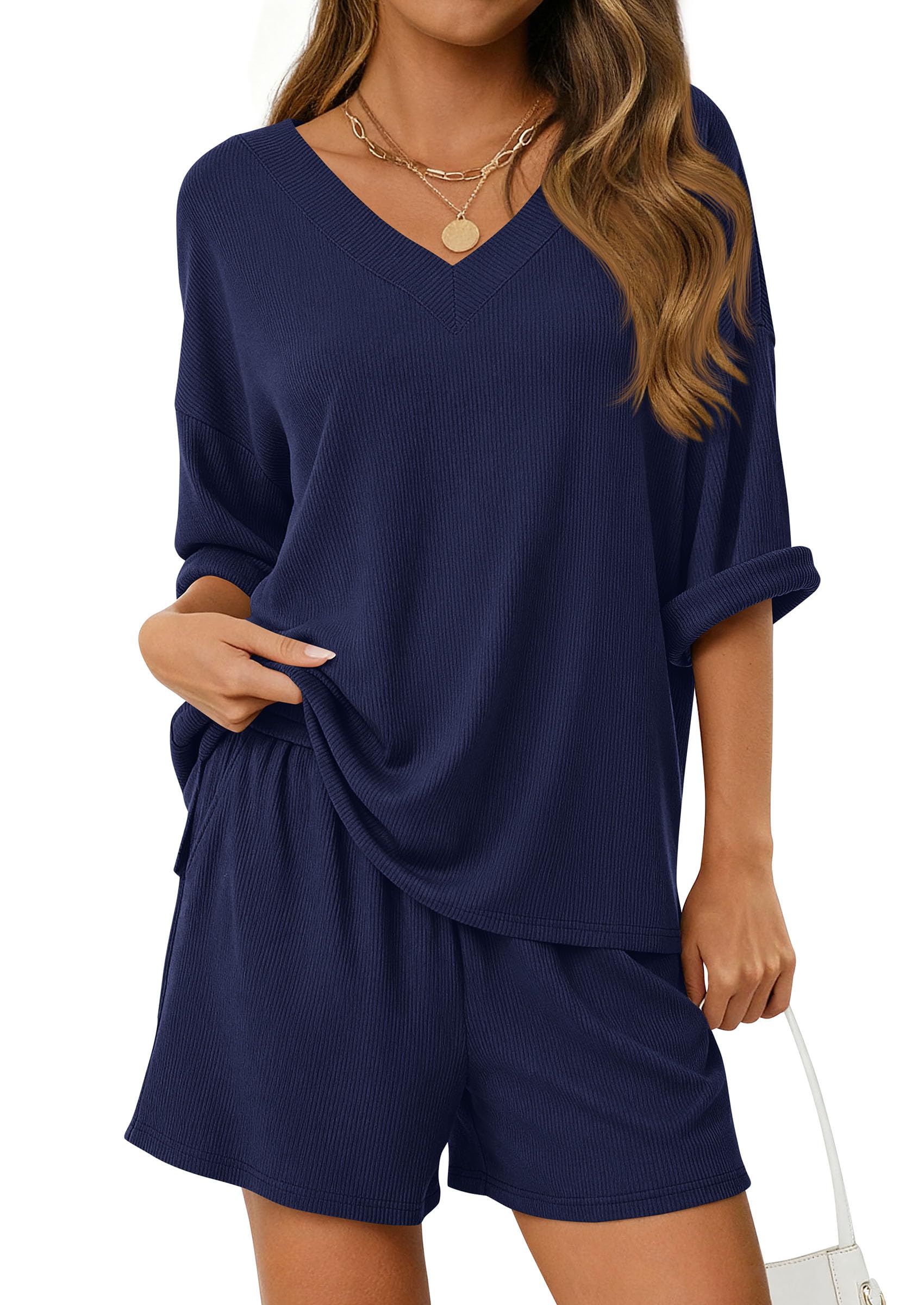 PRETTYGARDEN Womens 2 Piece Sets Summer Oversized Vneck Half Sleeve Tops Shorts Lounge Set Casual Travel Airport Outfits