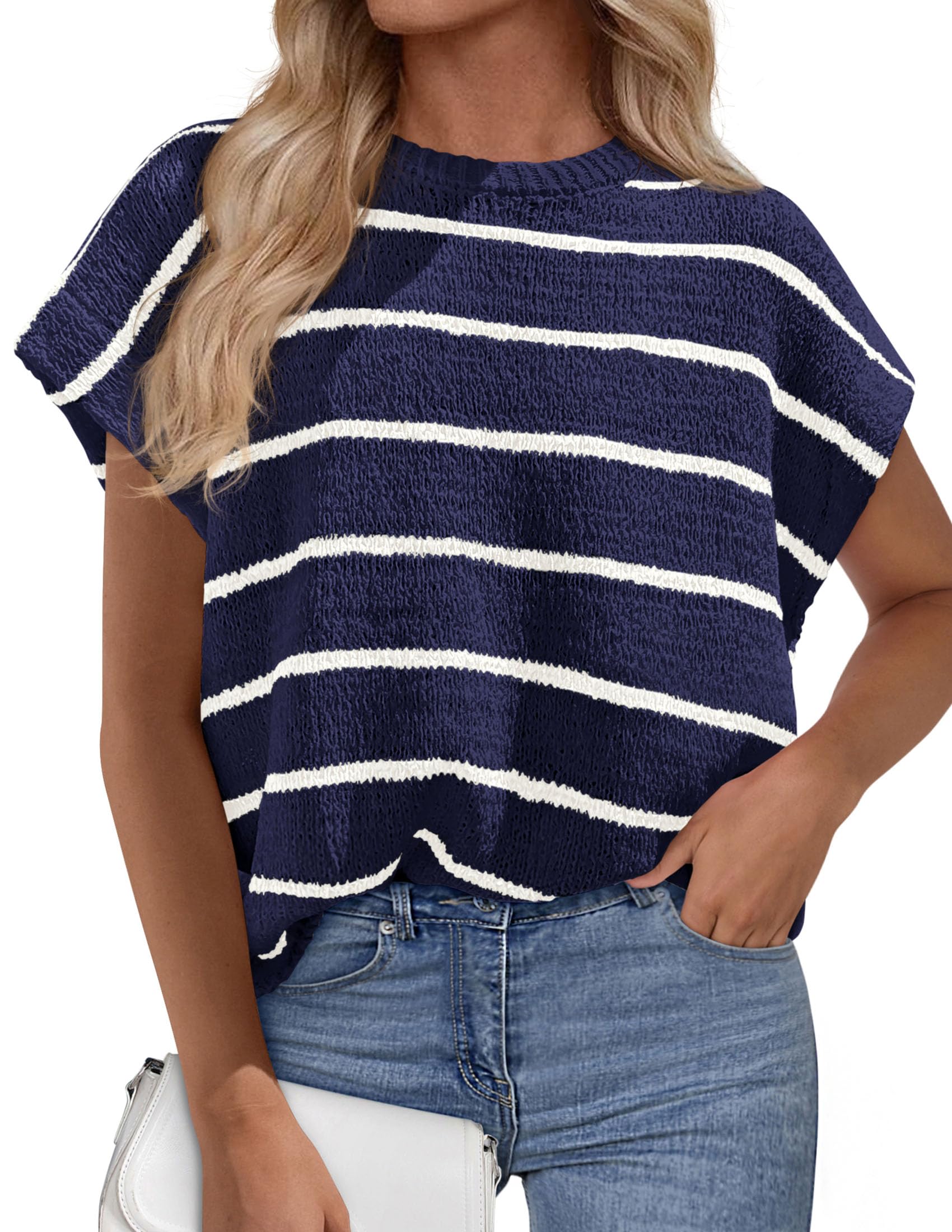 PRETTYGARDEN Womens Summer Short Sleeve Tops Trendy Crew Neck Striped Knit Sweater Business Casual Spring Clothes