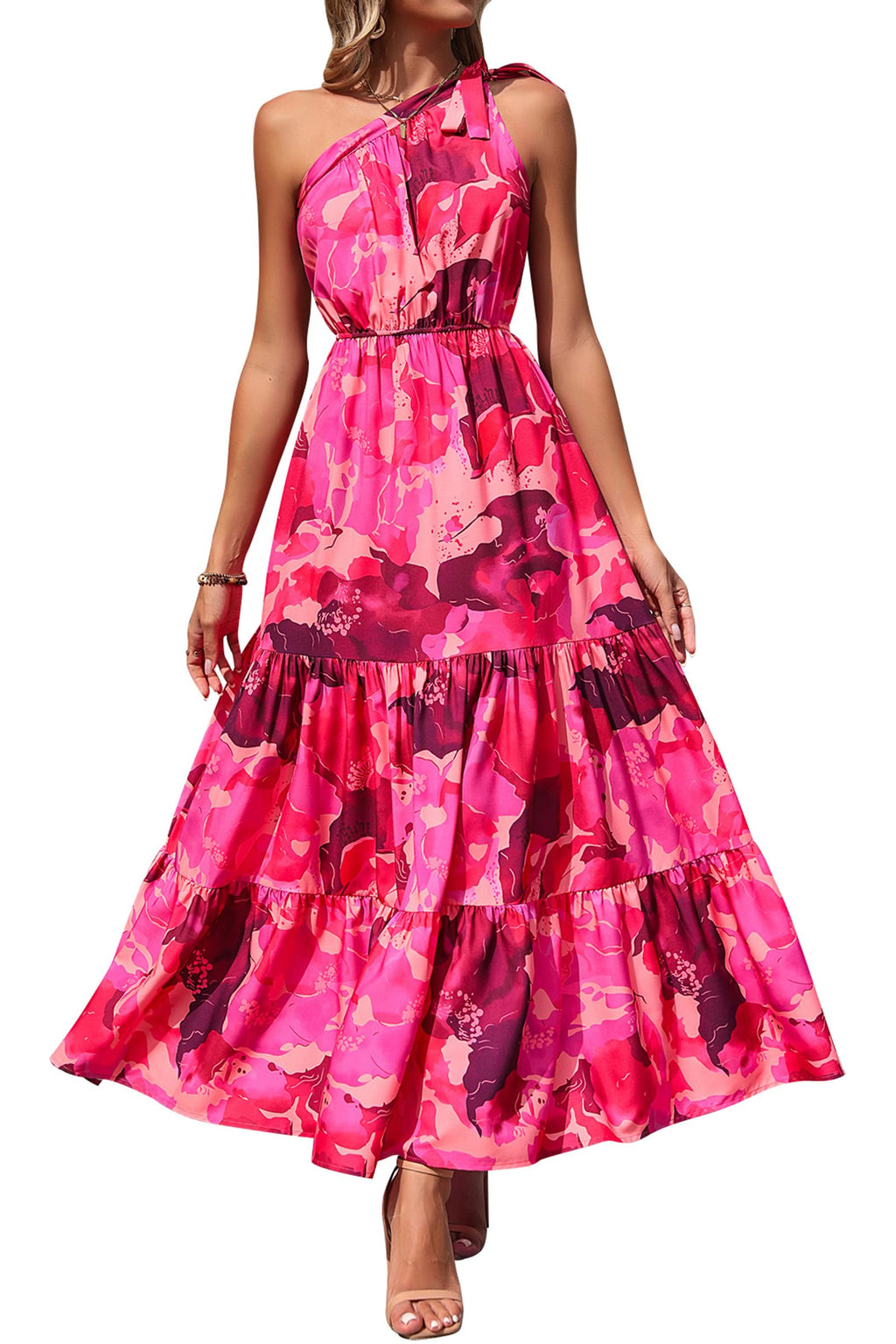 PRETTYGARDEN Women's Summer Floral One Shoulder Maxi Dress Knot Ruffle Boho Beach Vacation Wedding Guest Long Sun Dresses
