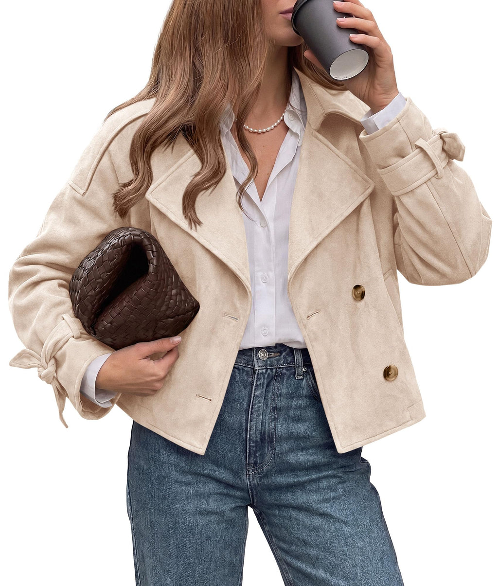 PRETTYGARDEN Women Faux Suede Double Breasted Trench Coat Cropped Jackets Raglan Long Sleeve,Lapel,Tie Cuff,Button Down,Fall Fashion Outerwear,Winter Clothes,Work Office Casual Short Jacket