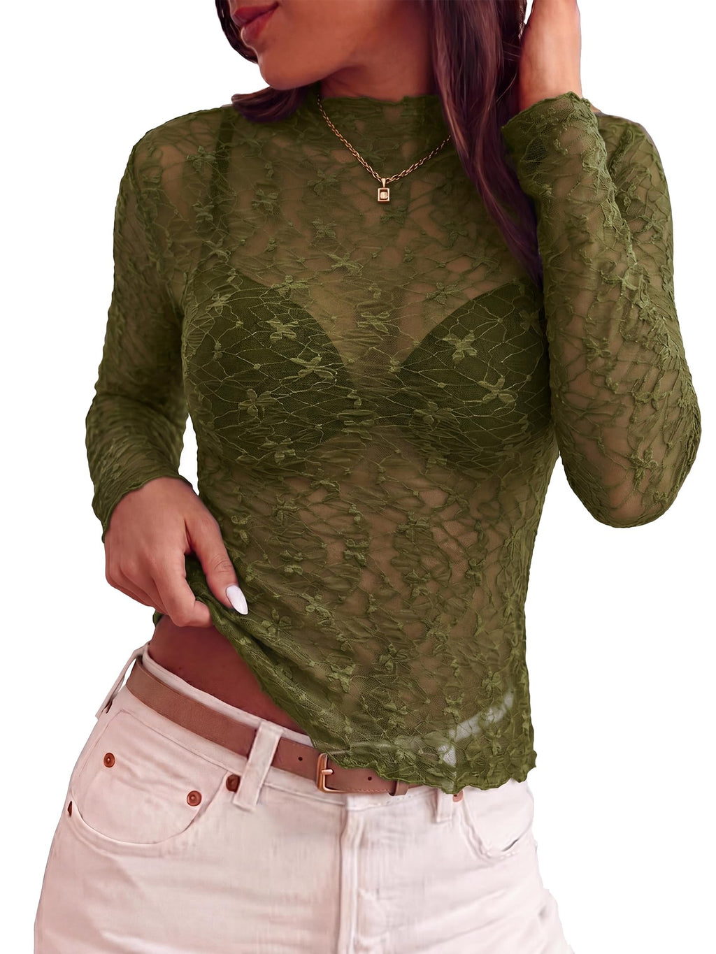 BTFBM Womens Tops Mesh Lace Long Sleeve Tops for Women Spring Fall Sheer See Through Tight Party Club Outfits