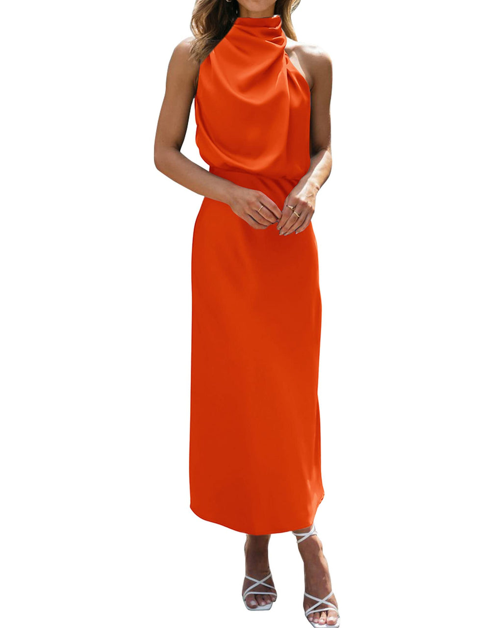 BTFBM Cocktail Dresses for Women Summer Satin Silk Sleeveless Mock Neck Maxi Wedding Guest Dress Spring Outfits