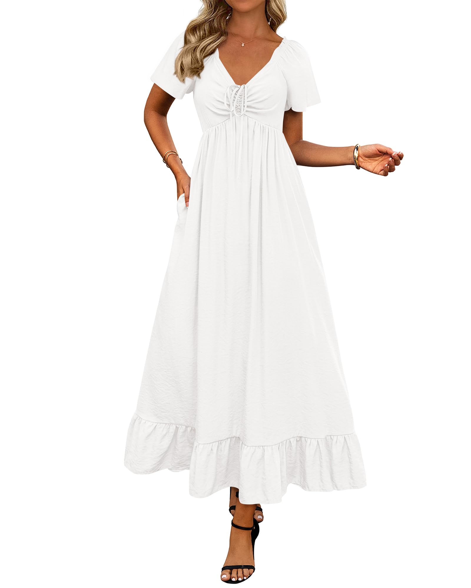 BTFBM Womens Spring Dresses Casual Short Sleeve V Neck Drawstring Wedding Guest Maxi Dresses Boho Beach Long Dress