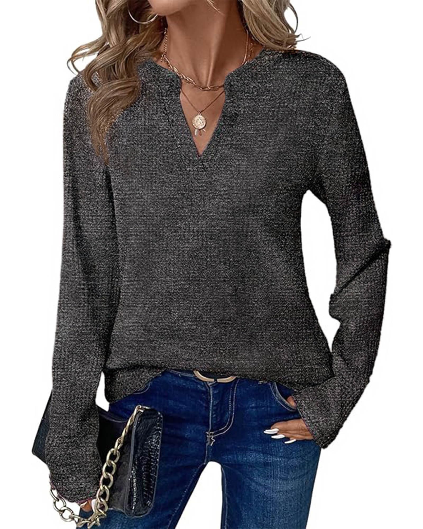 FreshPretty Waffle Knit Tops V Neck Long Sleeve Blouses for Women Dressy Casual Henley Work Shirts Spring Fall Clothes