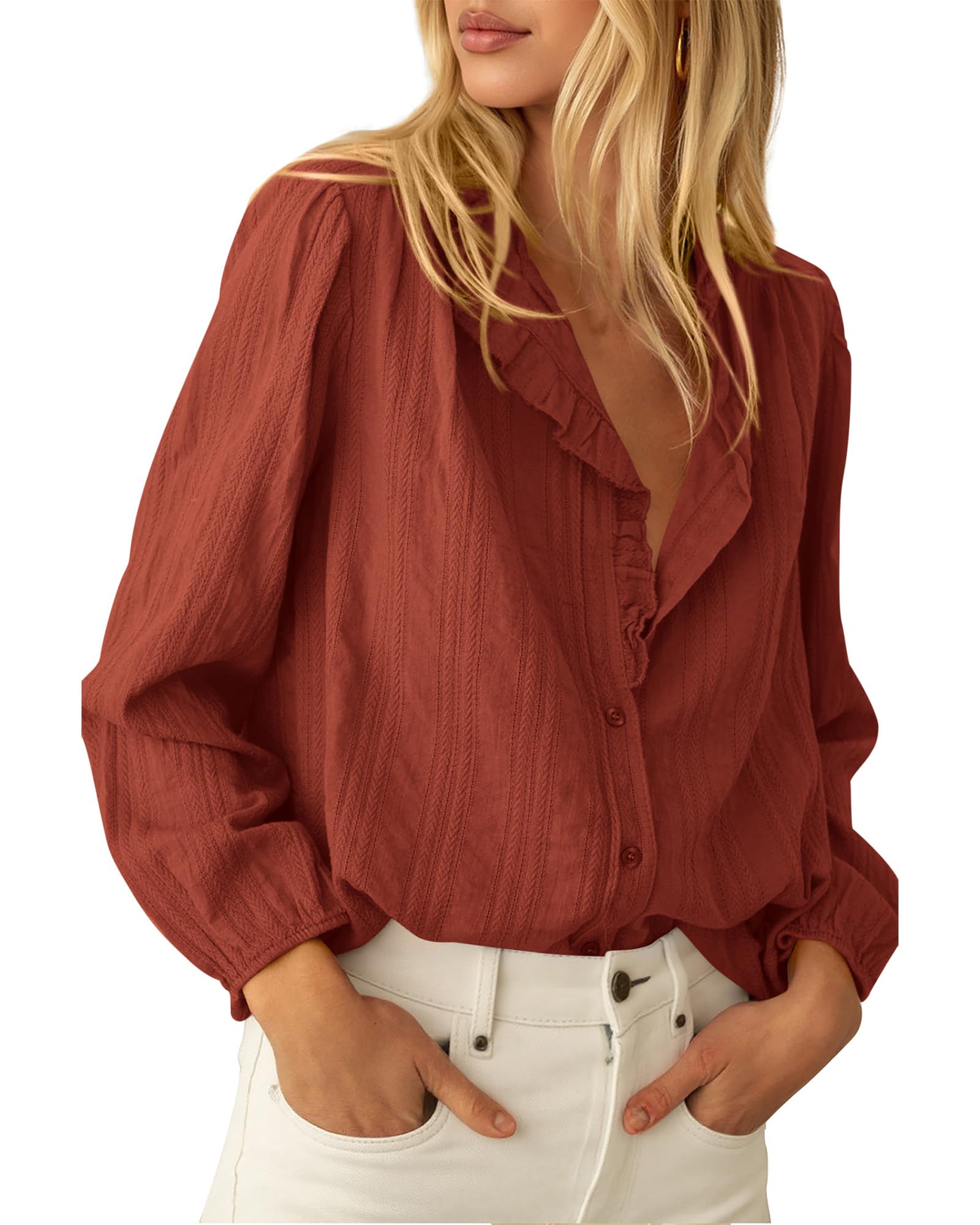 BTFBM Long Sleeve Shirts for Women Trendy Ruffle Tops Lightweight Button Down Shirt Loose Spring Blouses
