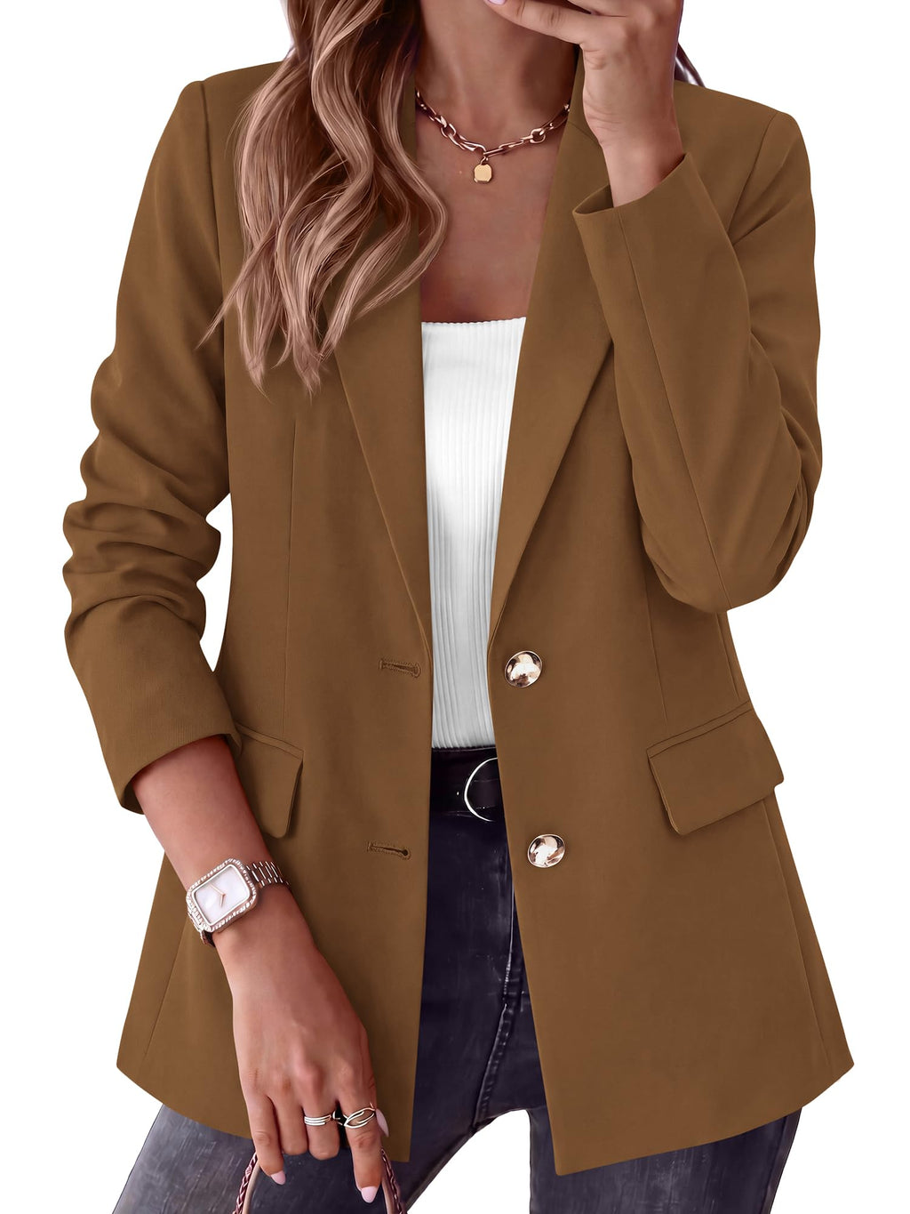 BTFBM Blazers for Women Business Casual Outfits Work Fall Clothes Breasted Notch Lapel, Long Sleeve, Gold Button, Fitted, Open Front Suit Jackets, Pockets, Dressy Professional Office Blazer