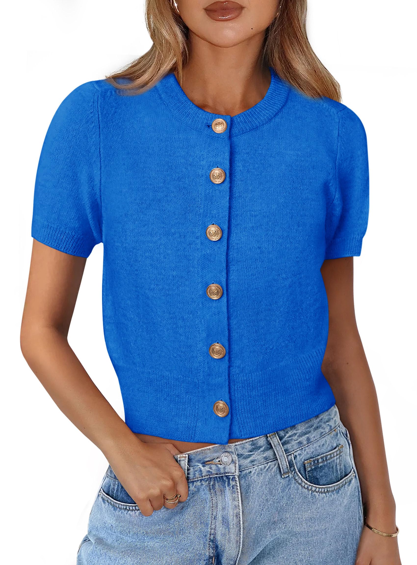 PRETTYGARDEN Womens Casual Summer Short Sleeve Cardigans Button Down Knitted Sweater Basic Crew Neck Crop Tops