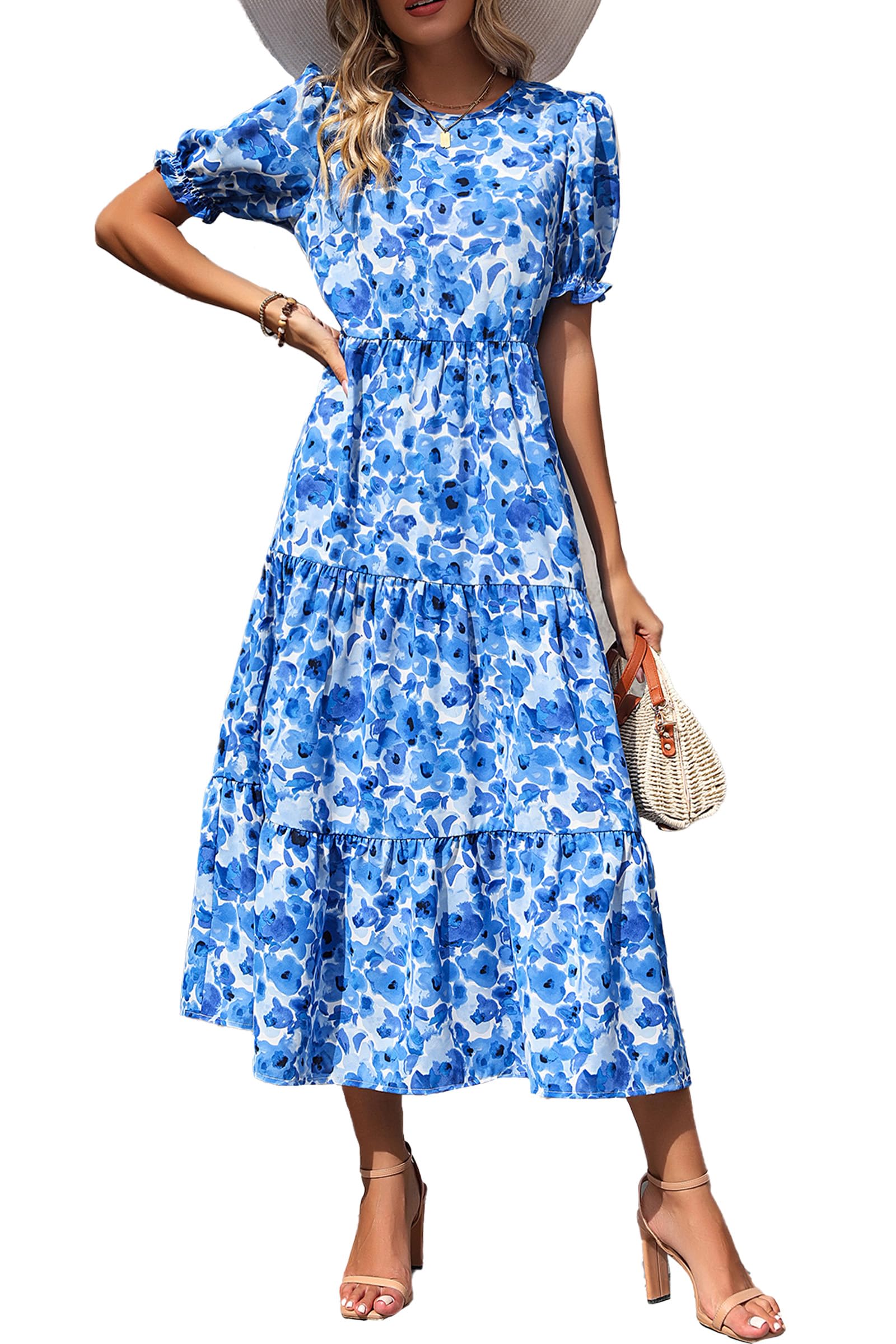 PRETTYGARDEN Summer Dresses for Women Casual Floral Boho Midi Sun Dress Puff Short Sleeve Flowy Beach Vacation Sundress
