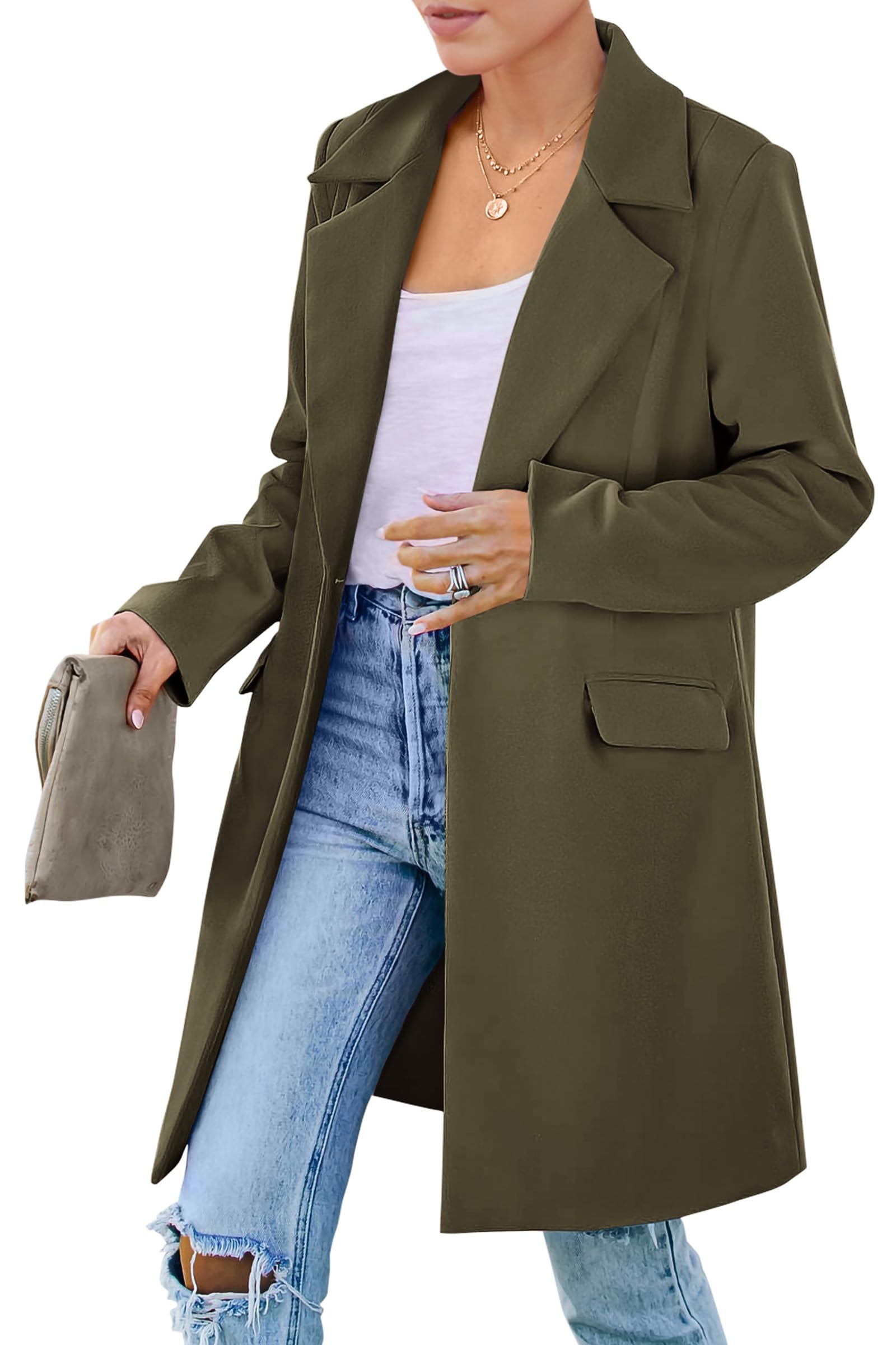 PRETTYGARDEN Women's Spring Fall Long Blazer Jackets Long Sleeve Lapel Pockets Loose Fit Work Casual Blazers Outerwear