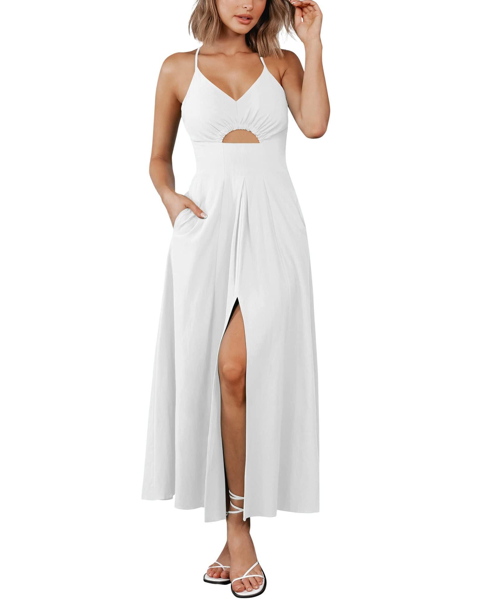 BTFBM Women Spaghetti Strap Midi Summer Dresses Sleeveless V Neck Cutout Slit Casual Beach Party Maxi Dress Pockets