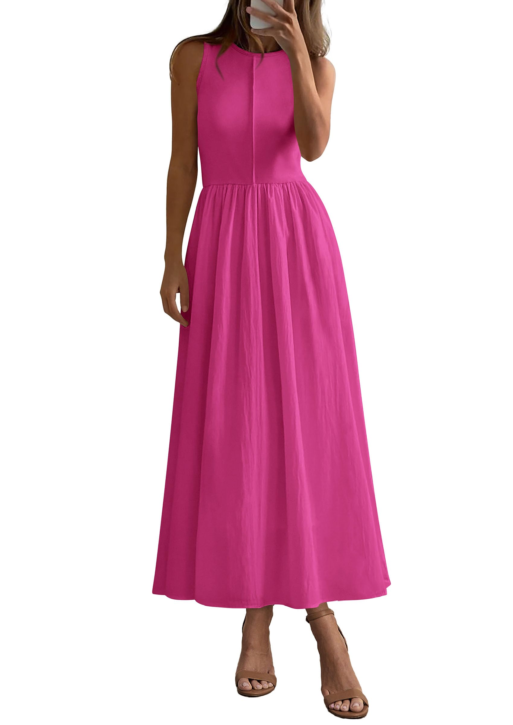 PRETTYGARDEN Maxi Dresses for Women Summer Casual Sleeveless Patchwork Flowy Vacation Sundress Knit Long Work Tank Dress