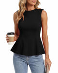 FreshPretty Womens Summer Tops Business Casual Outfits Crew Neck Sleeveless Shirts Slim Fit Peplum Tank Top