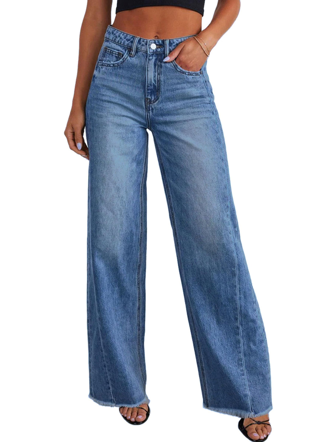 PRETTYGARDEN Wide Leg Jeans for Women Trendy High Waisted Stretchy Baggy Raw Hem Denim Palazzo Pants Fall Clothes