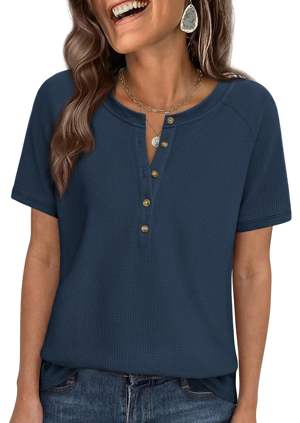 PRETTYGARDEN Waffle Knit Tops for Women Short Sleeve Henley Shirts  Summer Blouses Dressy Casual Spring Fashion Clothes