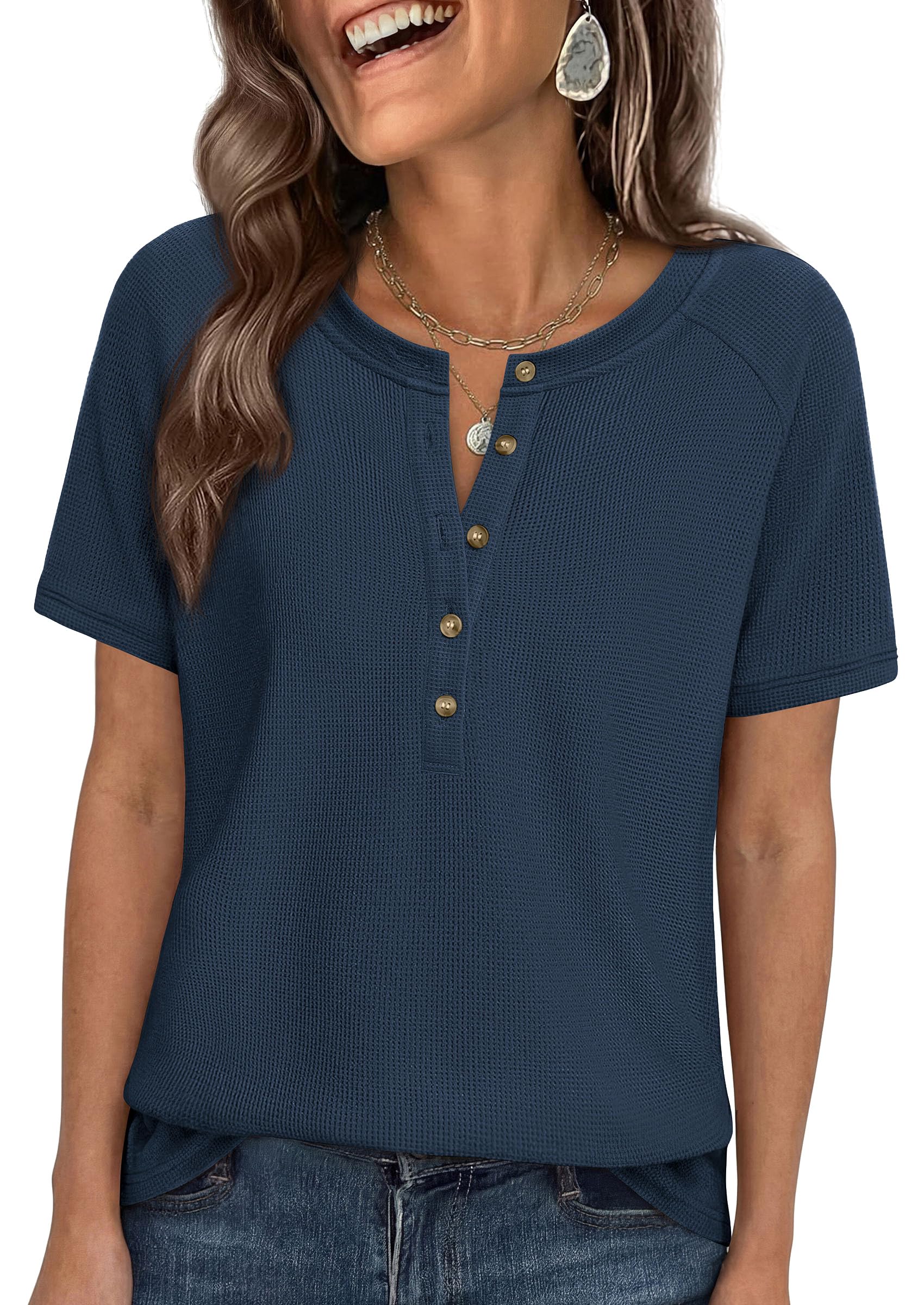 PRETTYGARDEN Waffle Knit Tops for Women Short Sleeve Henley Shirts  Summer Blouses Dressy Casual Spring Fashion Clothes