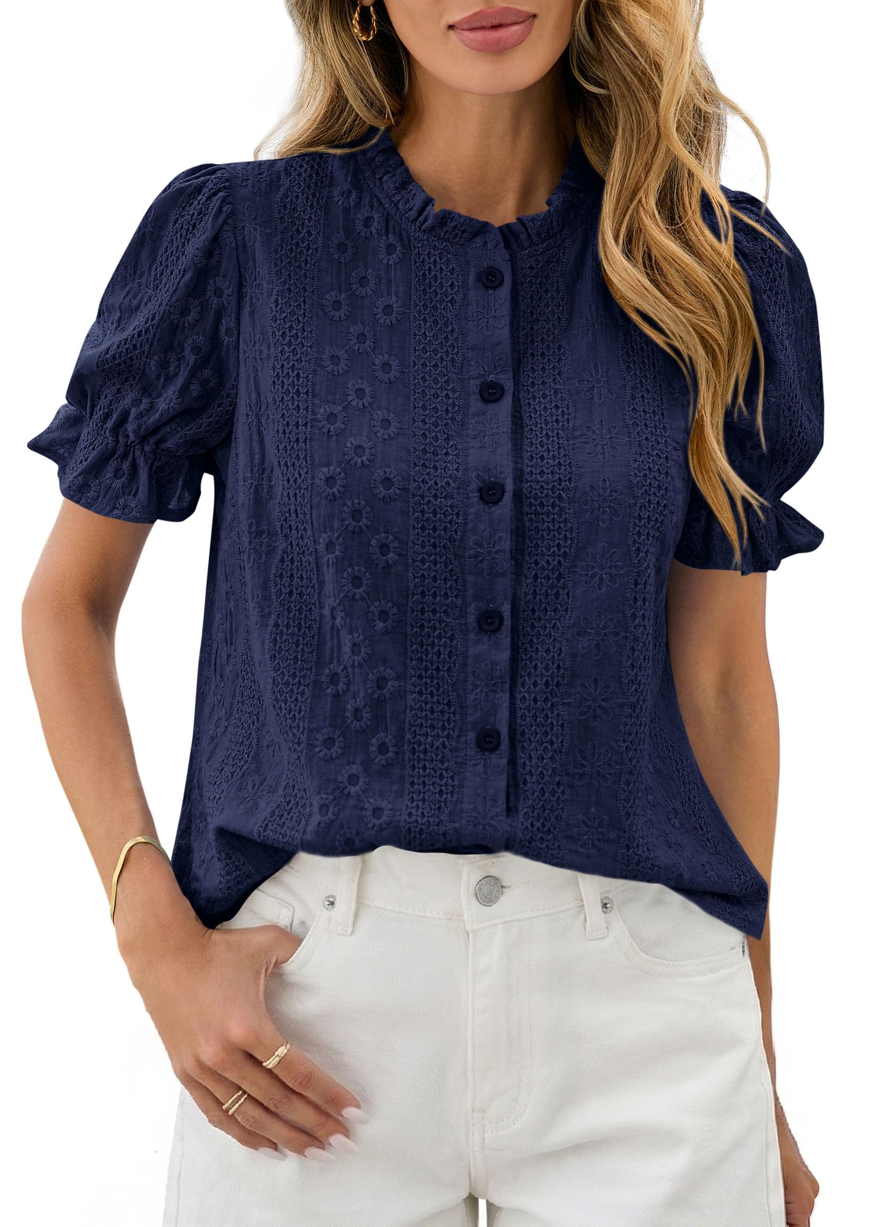 PRETTYGARDEN Womens Puff Short Sleeve Tops  Summer Spring Button Down Boho Embroidered Cute Blouse Dressy Casual Shirts