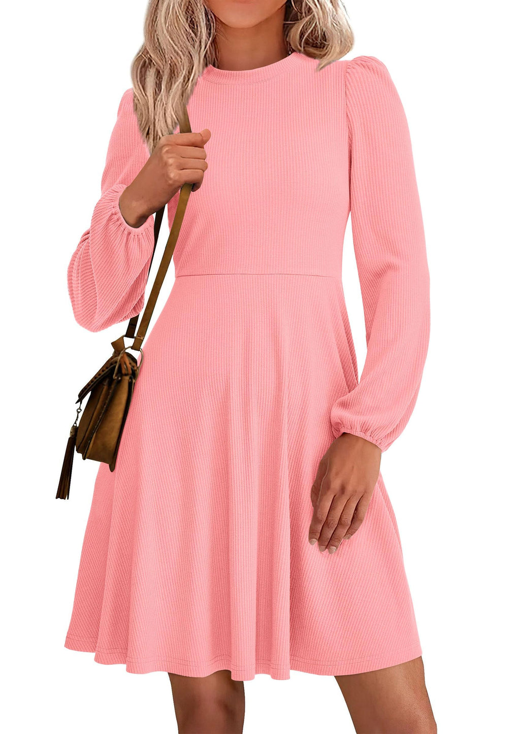 PRETTYGARDEN Womens Long Sleeve Mini Dress  Fall Trendy Crewneck Ribbed Knit Soft A Line Flowy Summer Formal Dresses