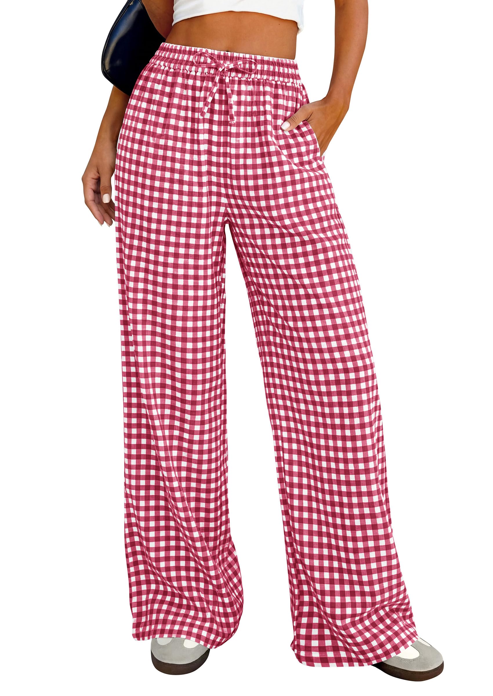 PRETTYGARDEN Women's Wide Leg Gingham Lounge Pants Summer  Casual Plaid Trousers Spring Y2K Clothes Comfy Pajama Bottoms